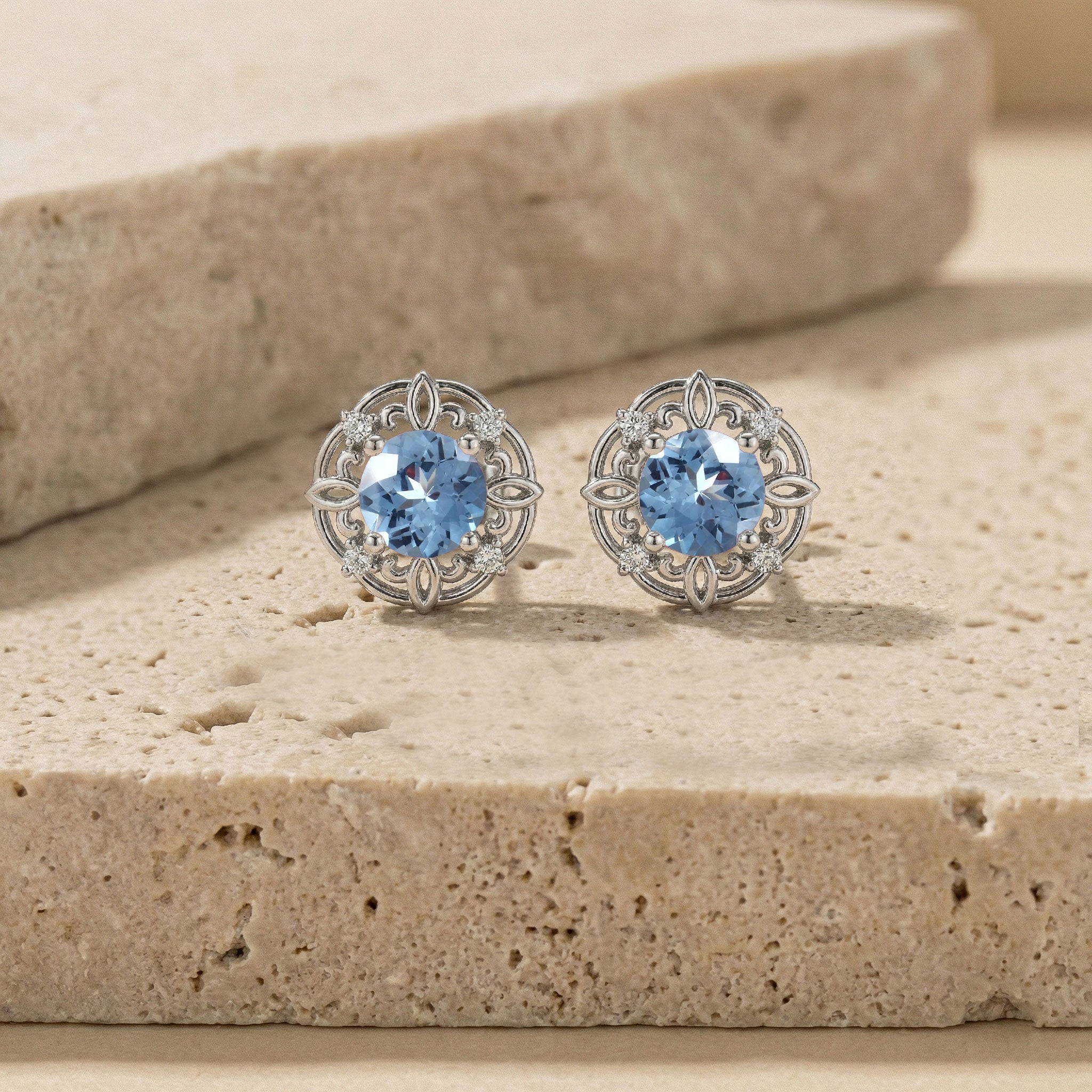 Aquamarine Round Halo Stud Earrings in 925 Sterling Silver 5MM 1.30ct