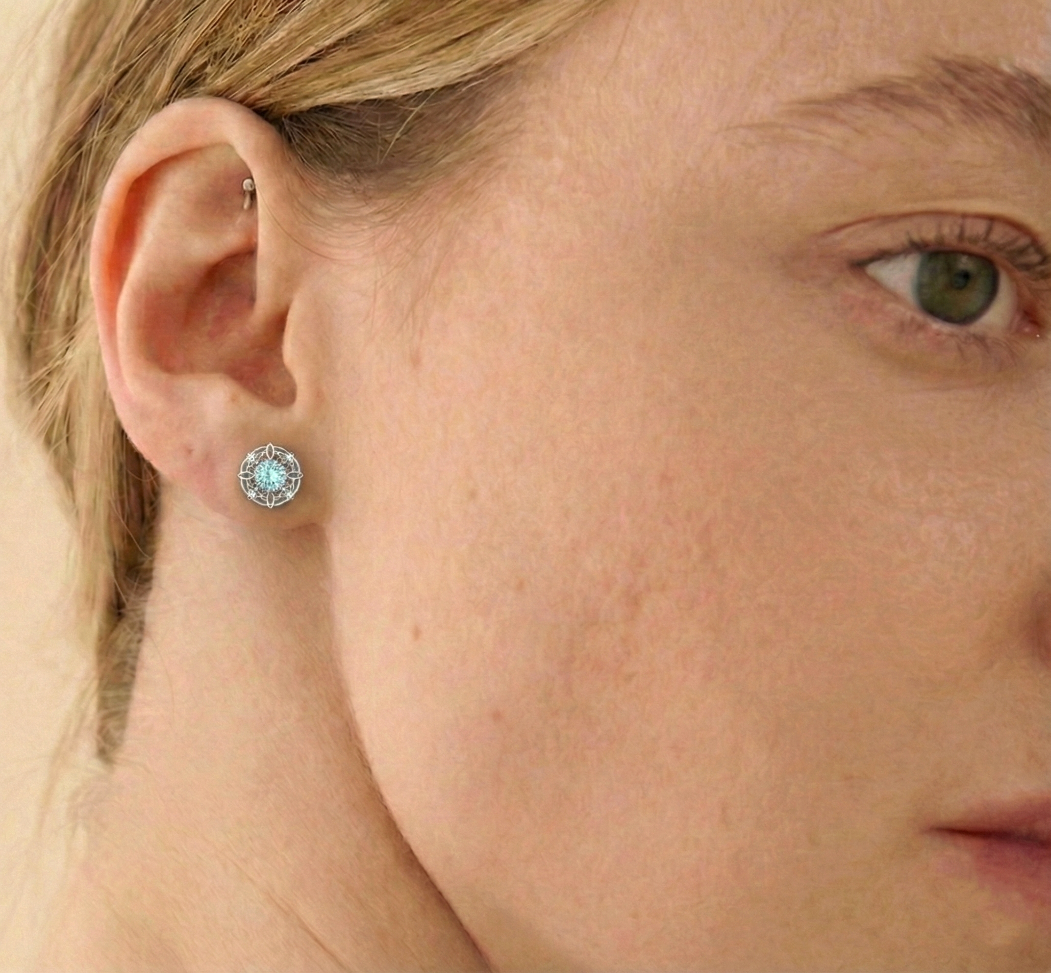Aquamarine Round Halo Stud Earrings in 925 Sterling Silver 5MM 1.30ct