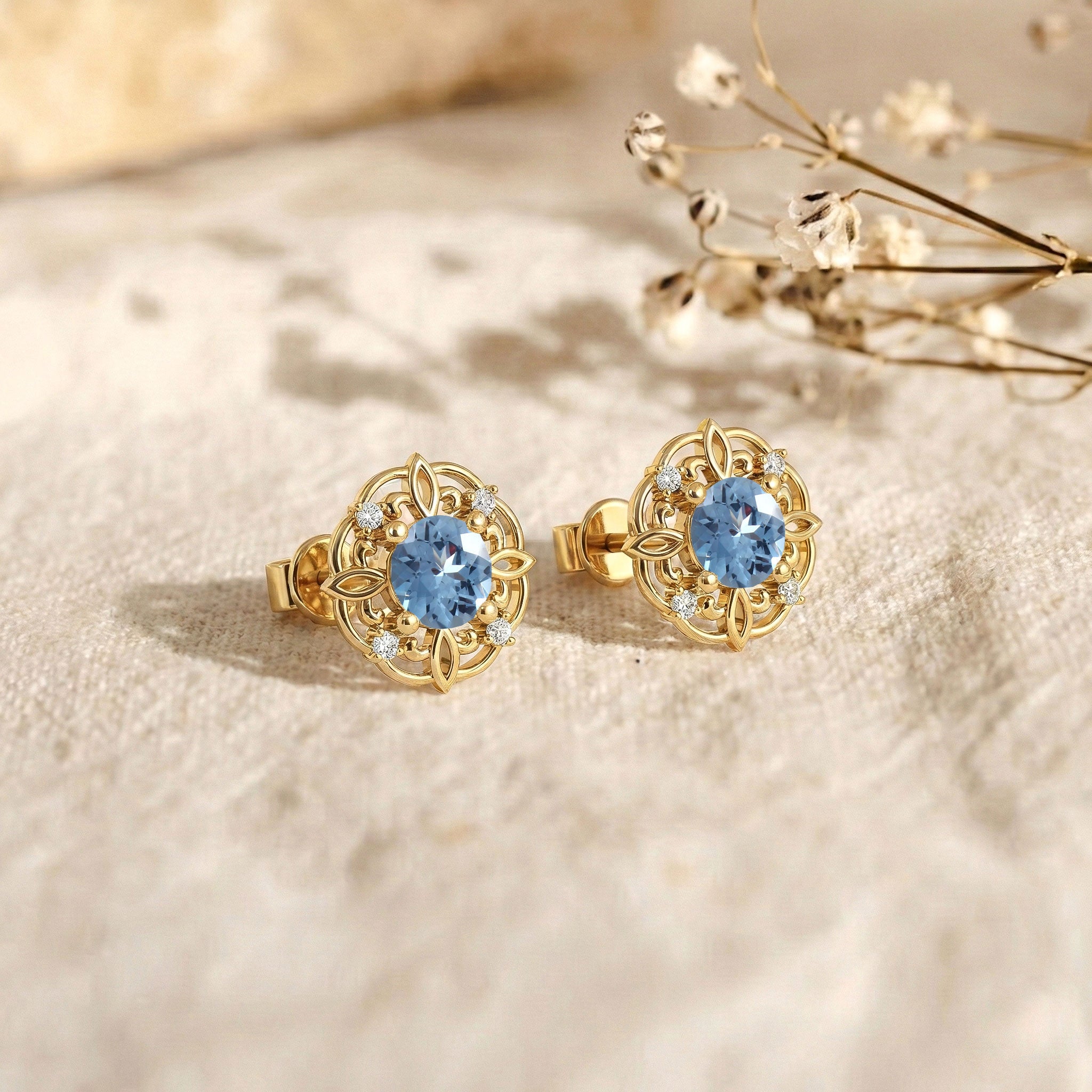 Aquamarine Round Halo Stud Earrings in 925 Sterling Silver 5MM 1.30ct