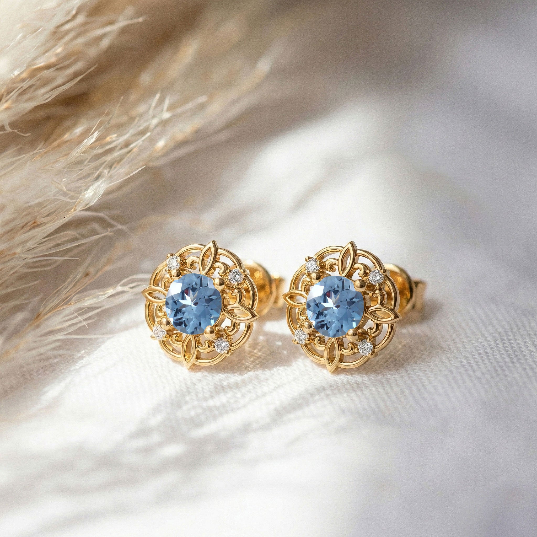 Aquamarine Round Halo Stud Earrings in 925 Sterling Silver 5MM 1.30ct