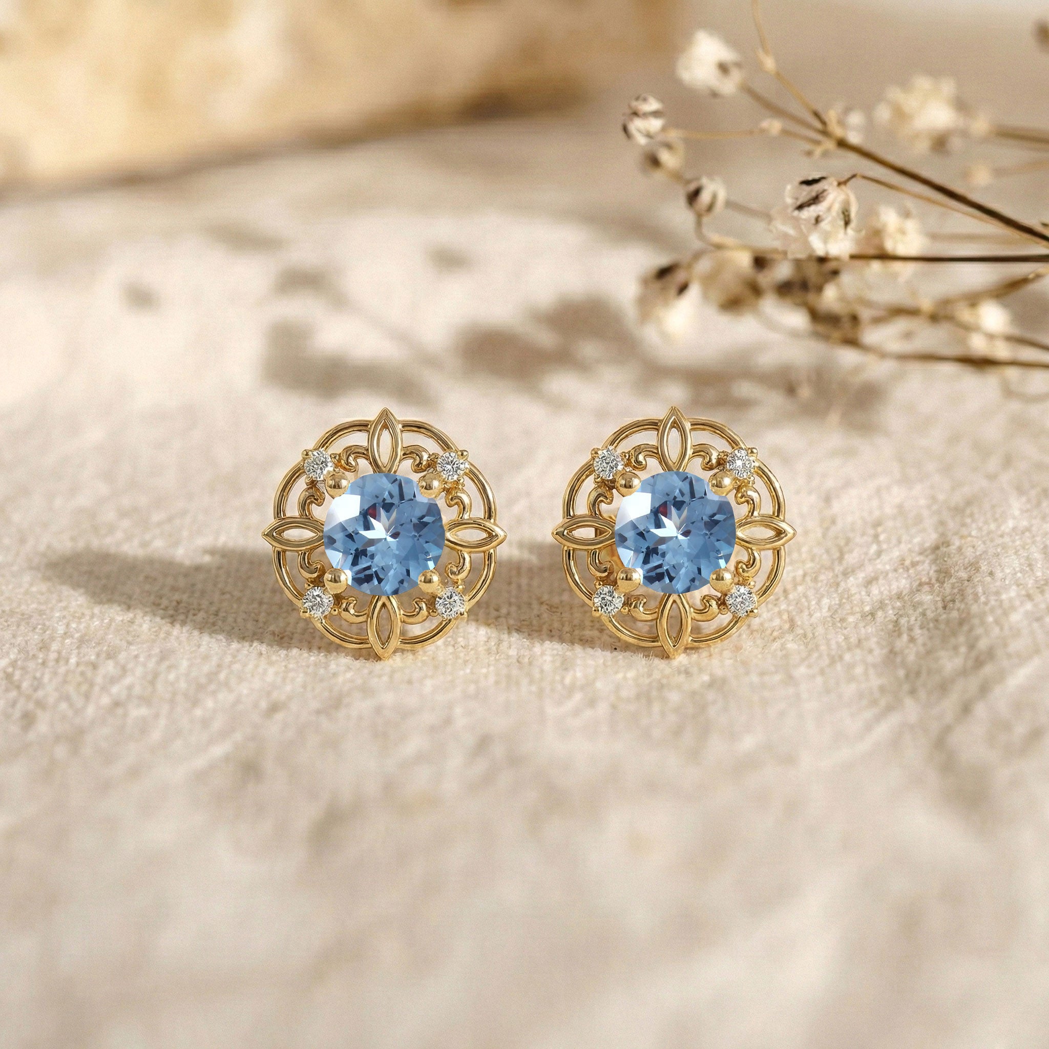 Aquamarine Round Halo Stud Earrings in 925 Sterling Silver 5MM 1.30ct