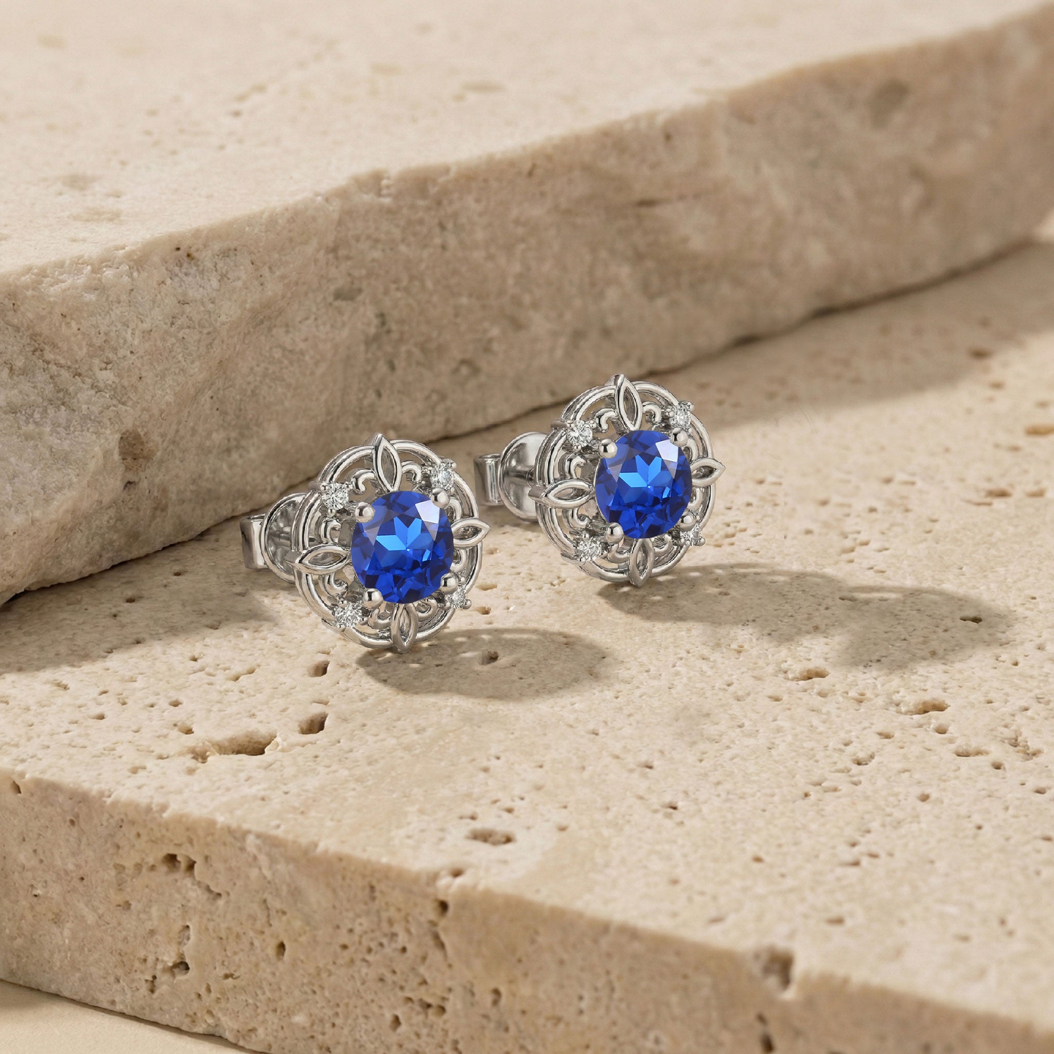 Blue Sapphire Round Halo Stud Earrings in 925 Sterling Silver 5MM 1.30ct