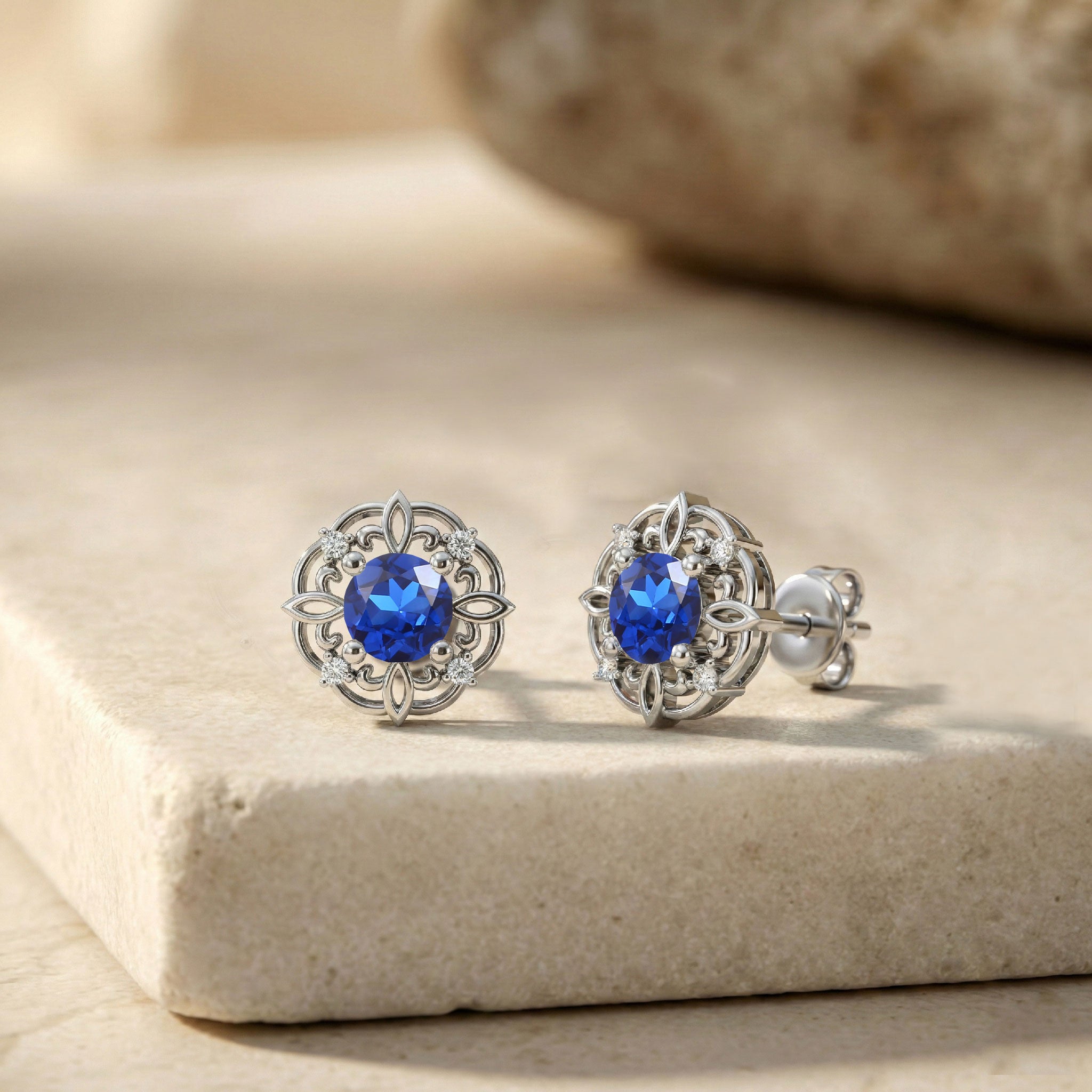 Blue Sapphire Round Halo Stud Earrings in 925 Sterling Silver 5MM 1.30ct