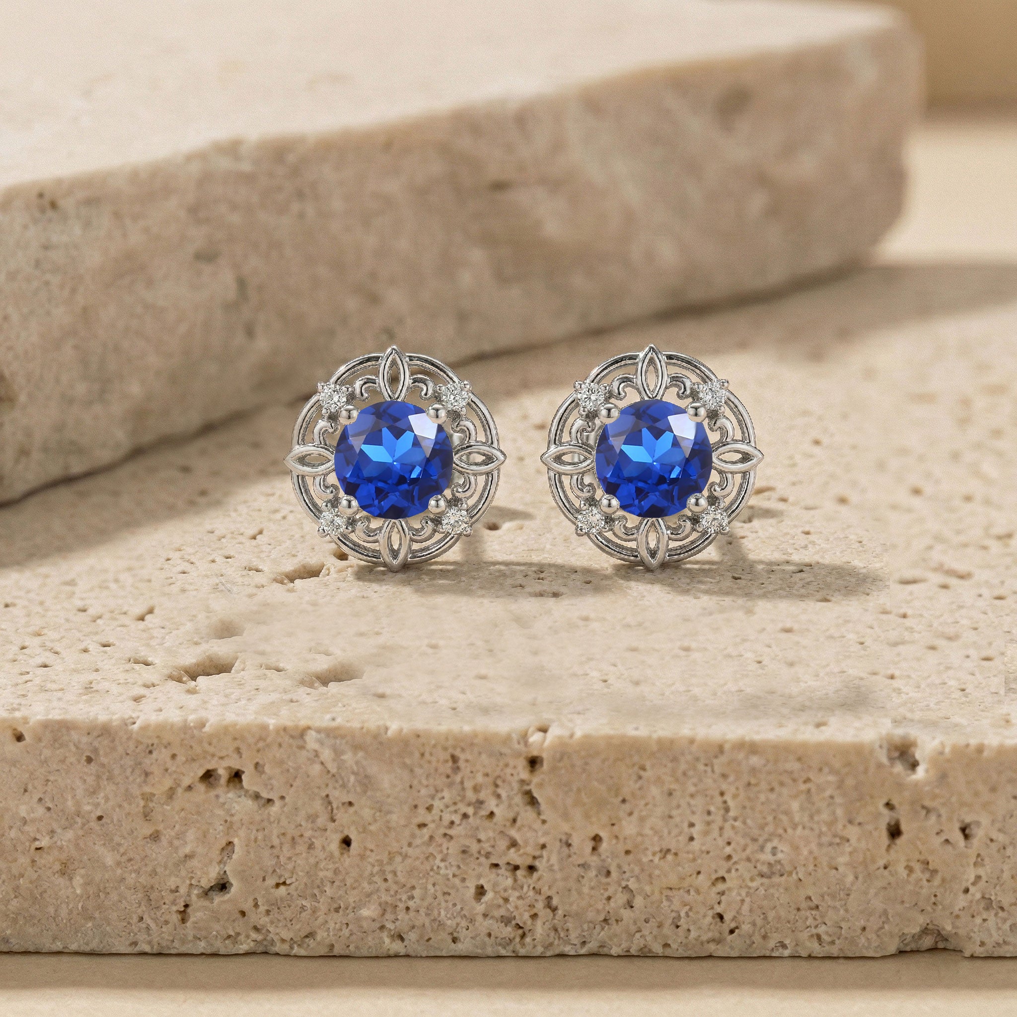 Blue Sapphire Round Halo Stud Earrings in 925 Sterling Silver 5MM 1.30ct