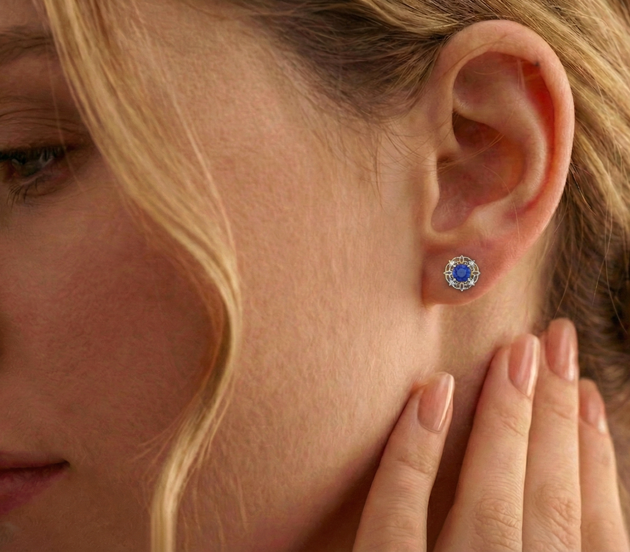 Blue Sapphire Round Halo Stud Earrings in 925 Sterling Silver 5MM 1.30ct