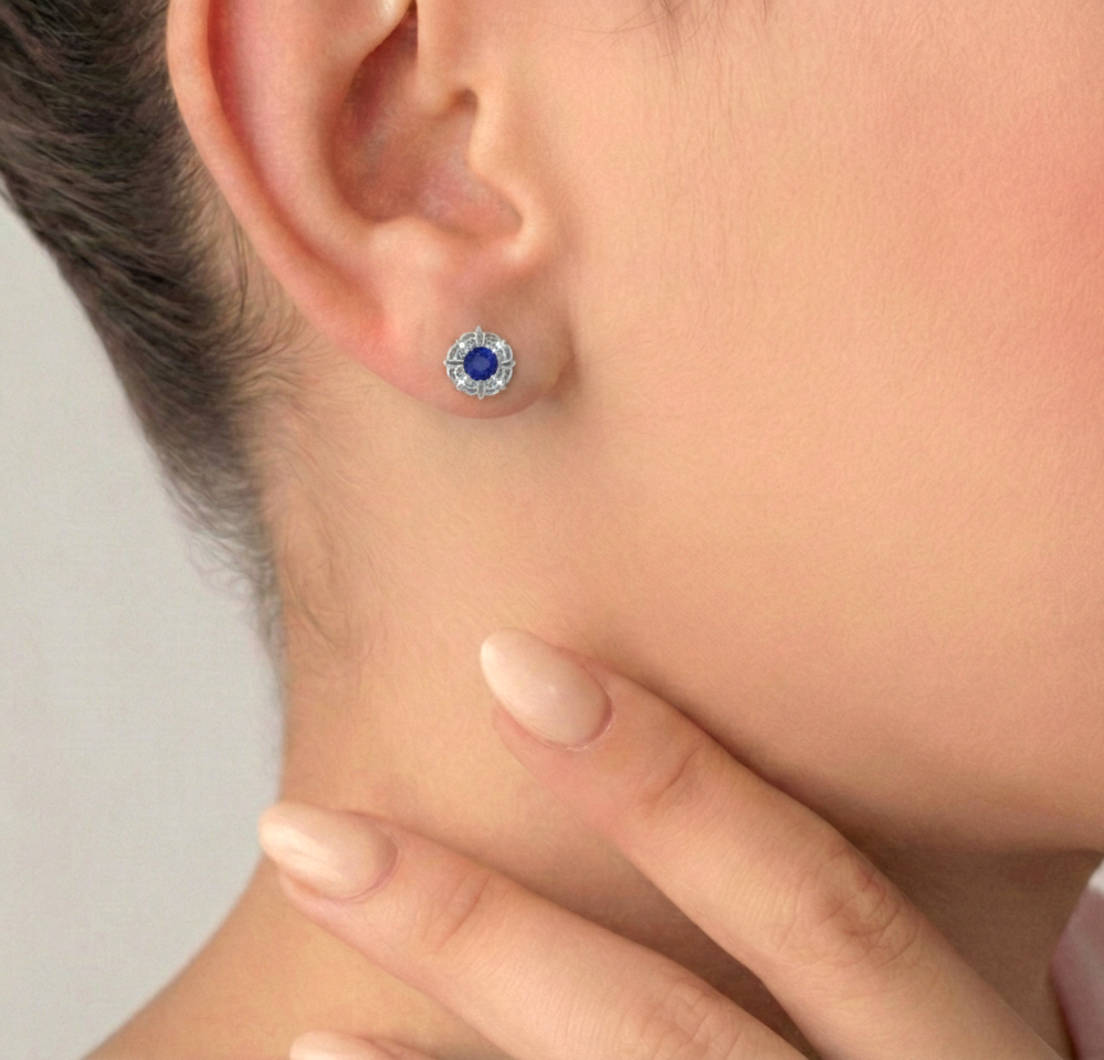 Blue Sapphire Round Halo Stud Earrings in 925 Sterling Silver 5MM 1.30ct