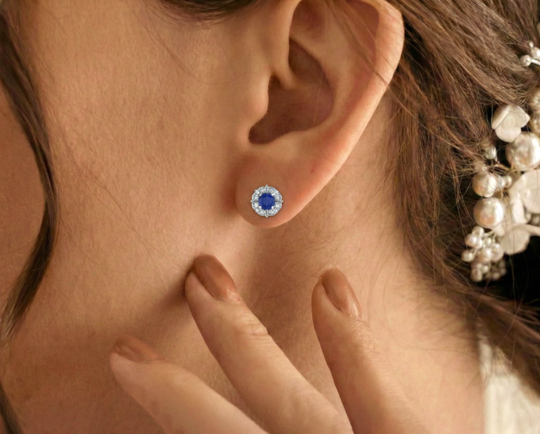 Blue Sapphire Round Halo Stud Earrings in 925 Sterling Silver 5MM 1.30ct