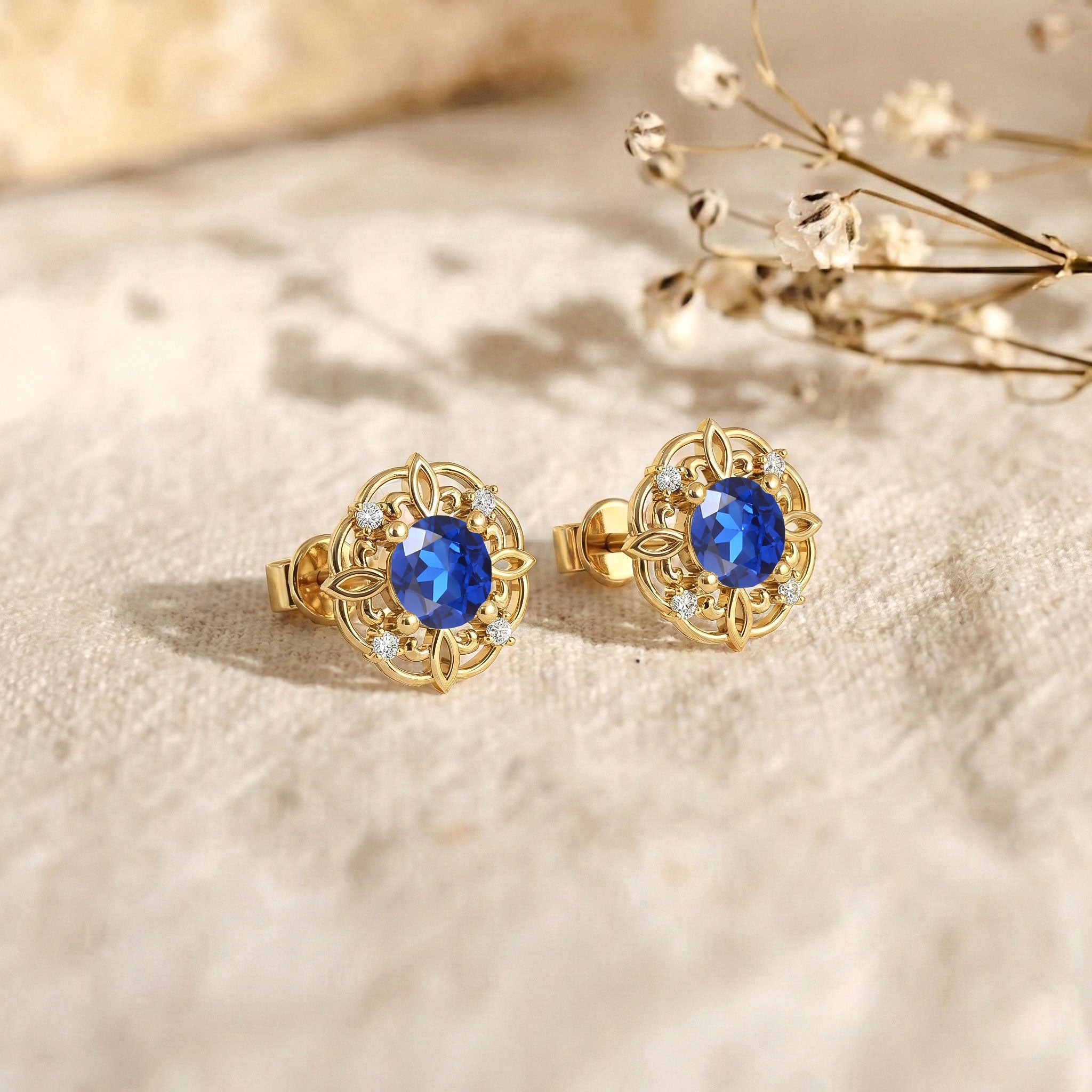 Blue Sapphire Round Halo Stud Earrings in 925 Sterling Silver 5MM 1.30ct