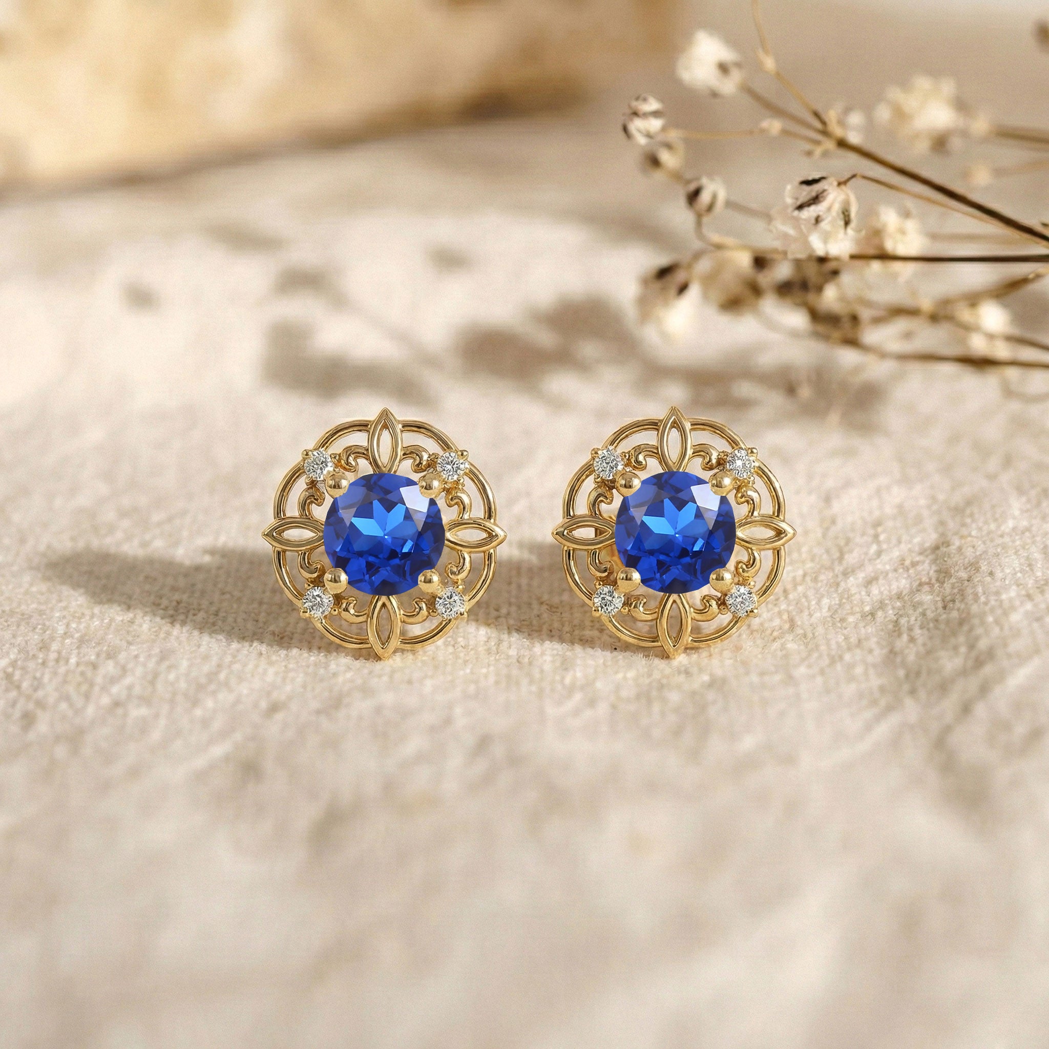 Blue Sapphire Round Halo Stud Earrings in 925 Sterling Silver 5MM 1.30ct
