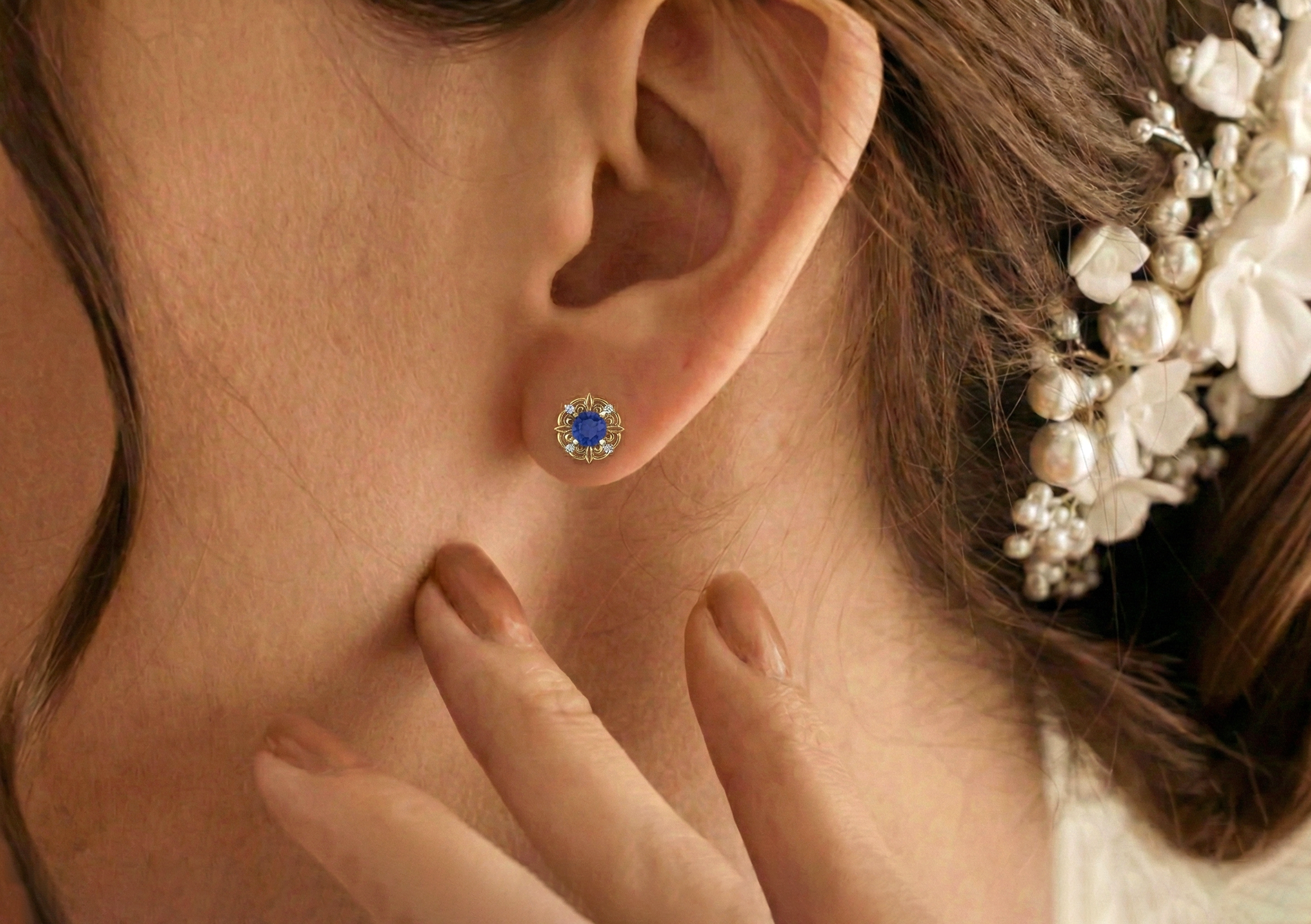 Blue Sapphire Round Halo Stud Earrings in 925 Sterling Silver 5MM 1.30ct