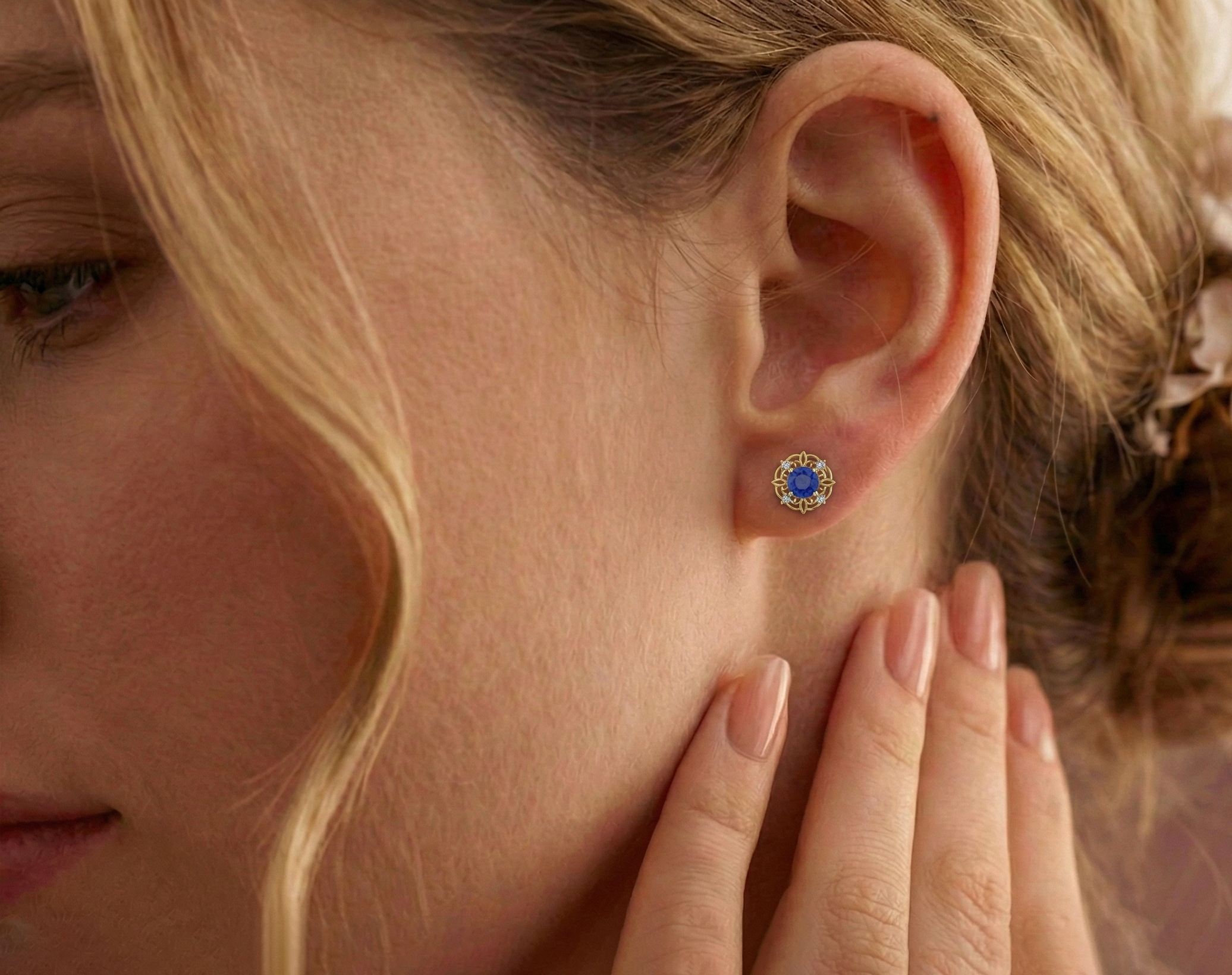 Blue Sapphire Round Halo Stud Earrings in 925 Sterling Silver 5MM 1.30ct
