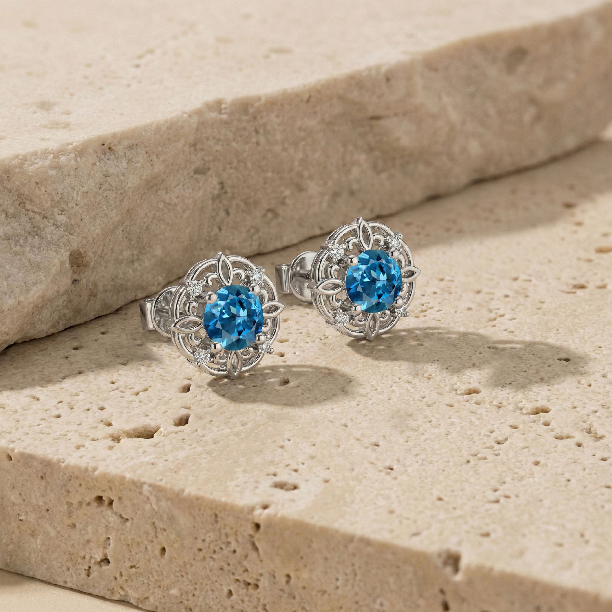 Blue Topaz Round Halo Stud Earrings in 925 Sterling Silver 5MM 1.30ct