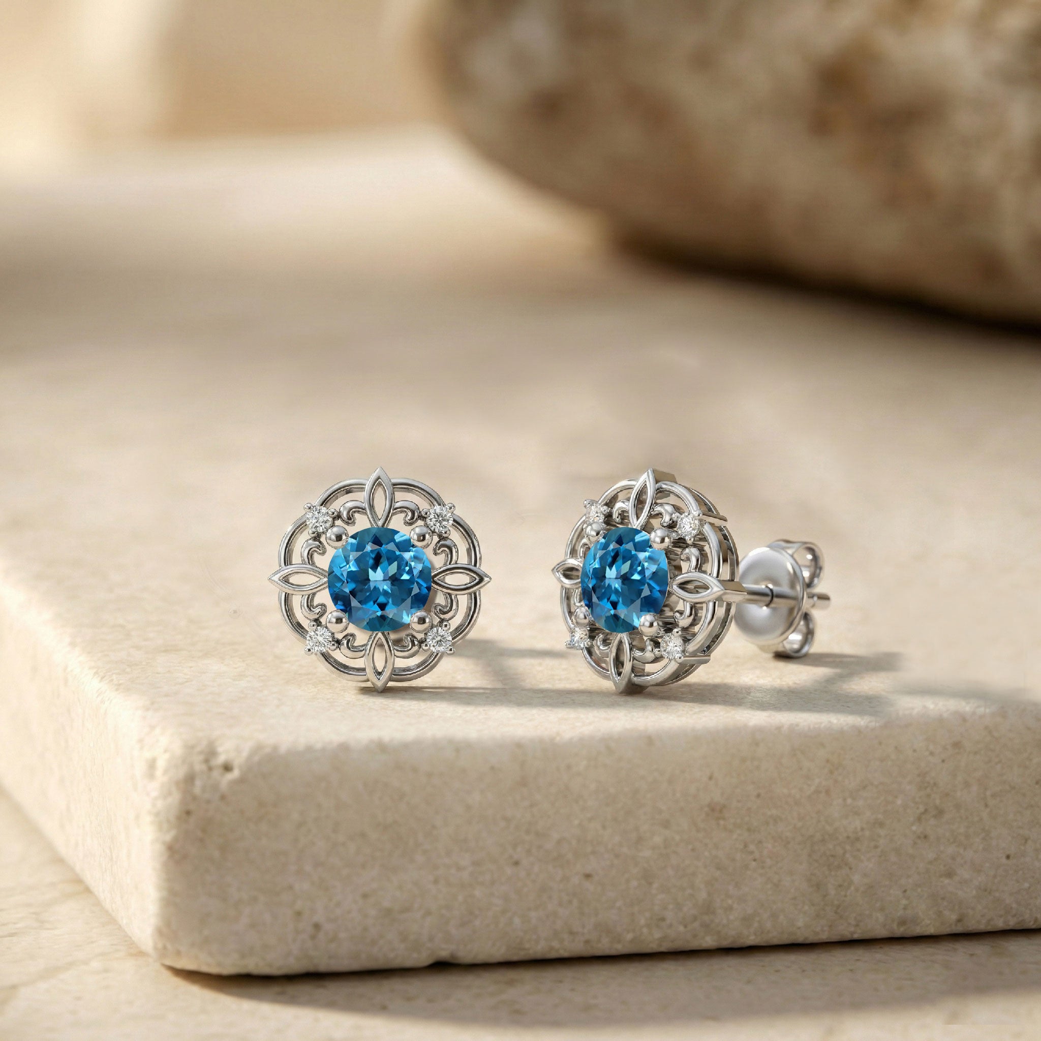 Blue Topaz Round Halo Stud Earrings in 925 Sterling Silver 5MM 1.30ct