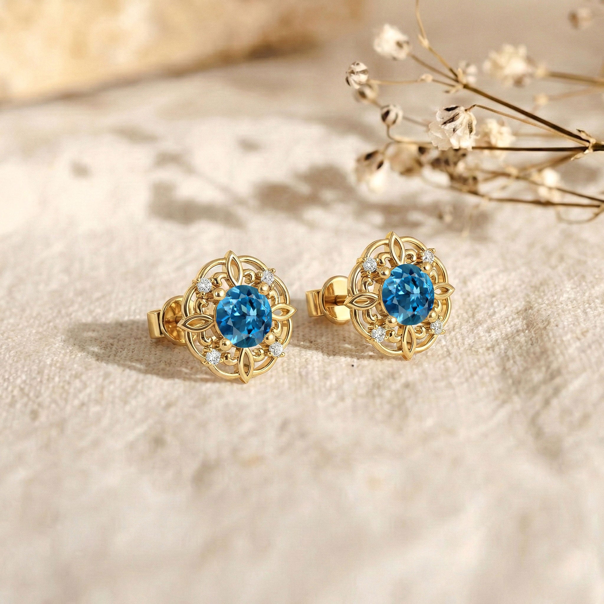Blue Topaz Round Halo Stud Earrings in 925 Sterling Silver 5MM 1.30ct