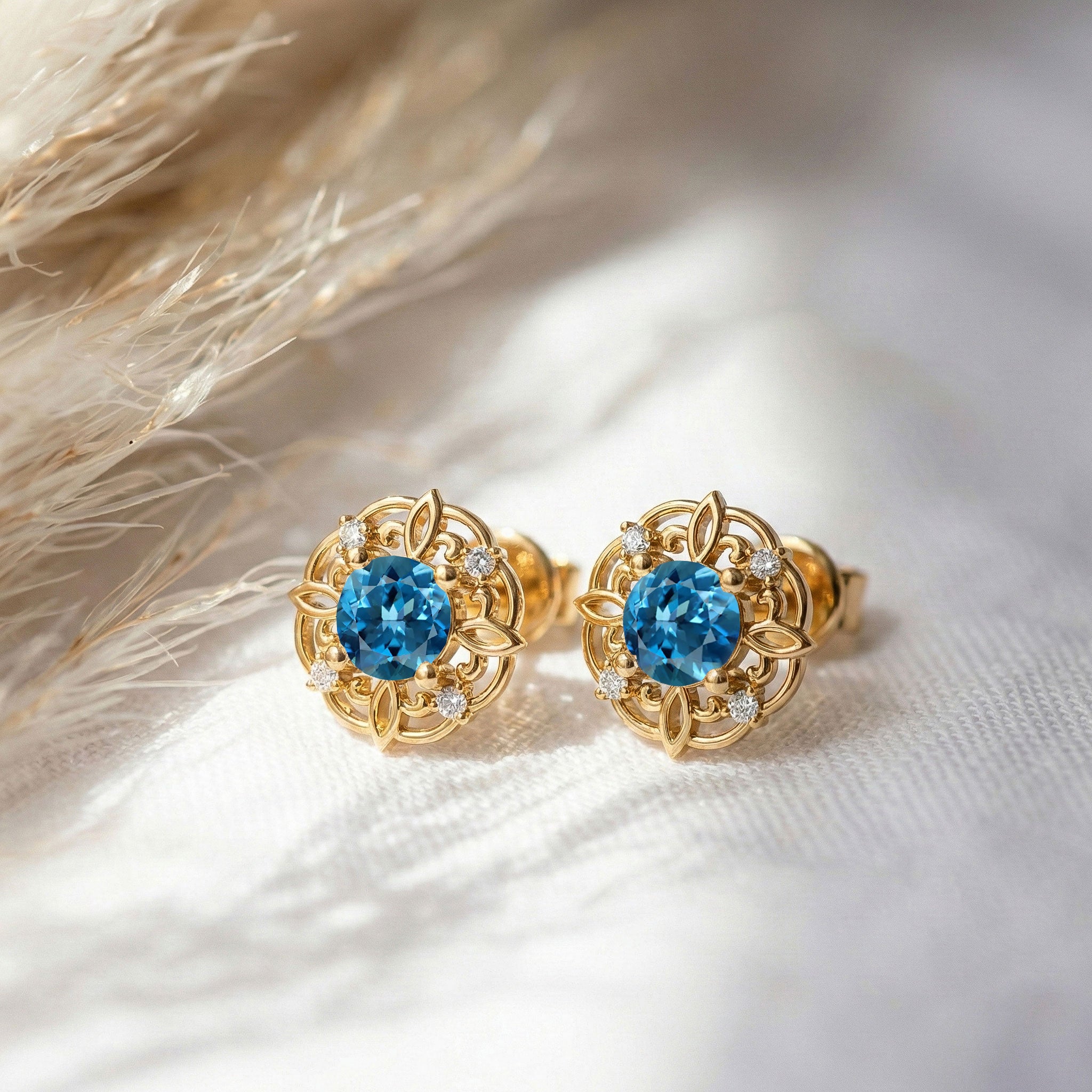 Blue Topaz Round Halo Stud Earrings in 925 Sterling Silver 5MM 1.30ct