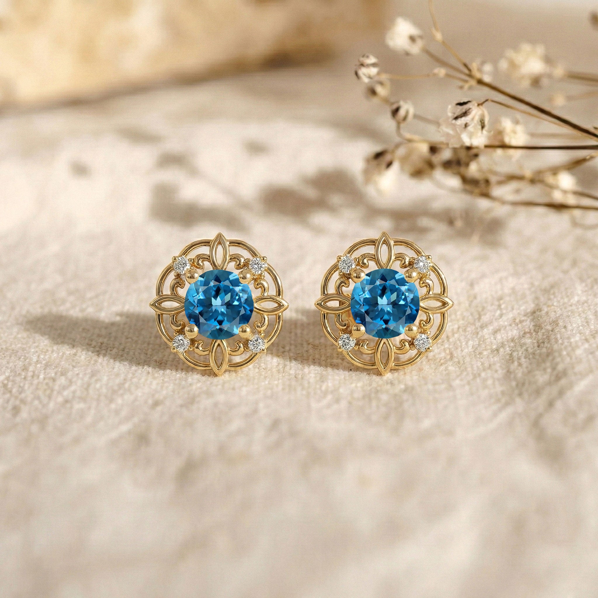 Blue Topaz Round Halo Stud Earrings in 925 Sterling Silver 5MM 1.30ct