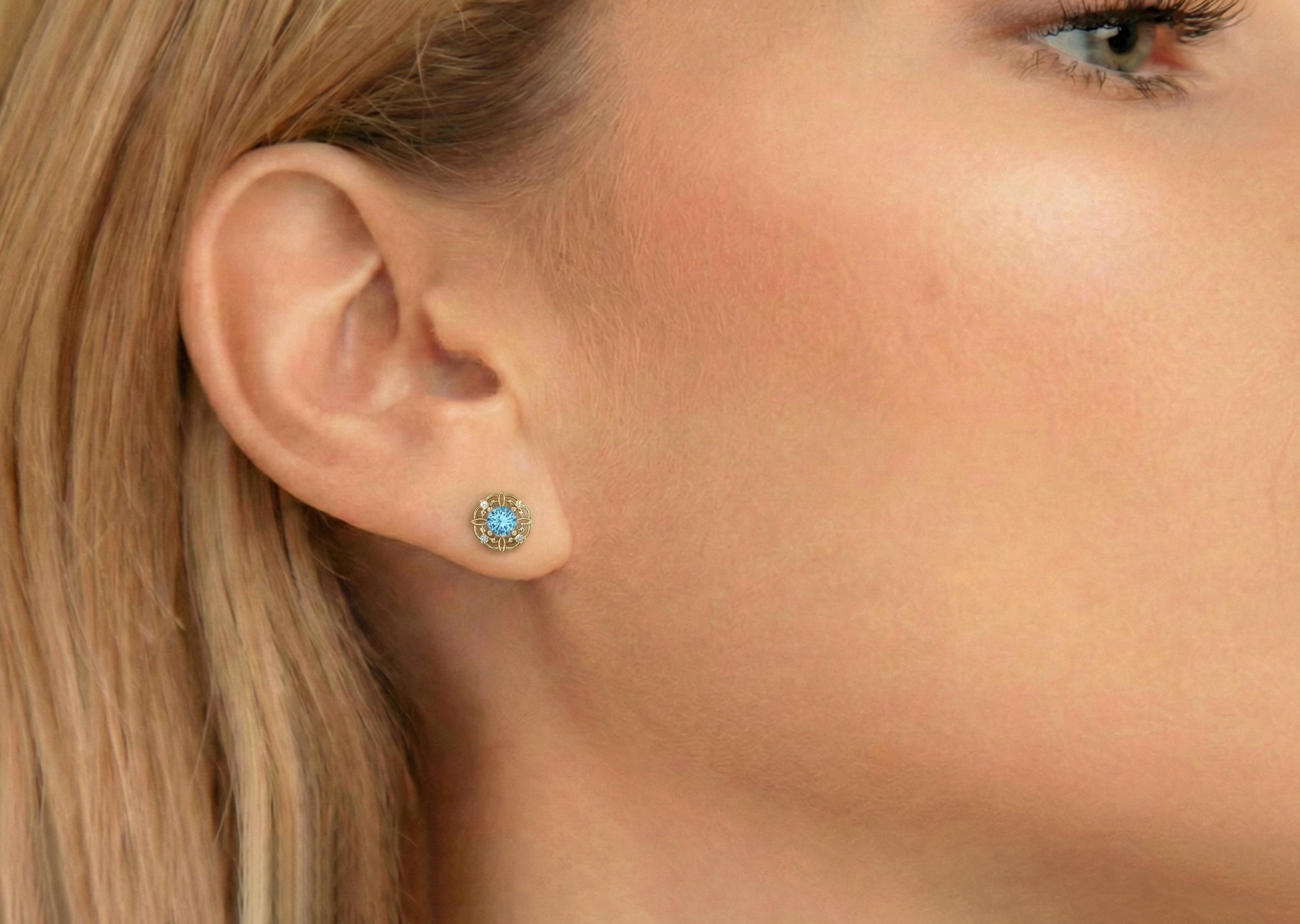 Blue Topaz Round Halo Stud Earrings in 925 Sterling Silver 5MM 1.30ct