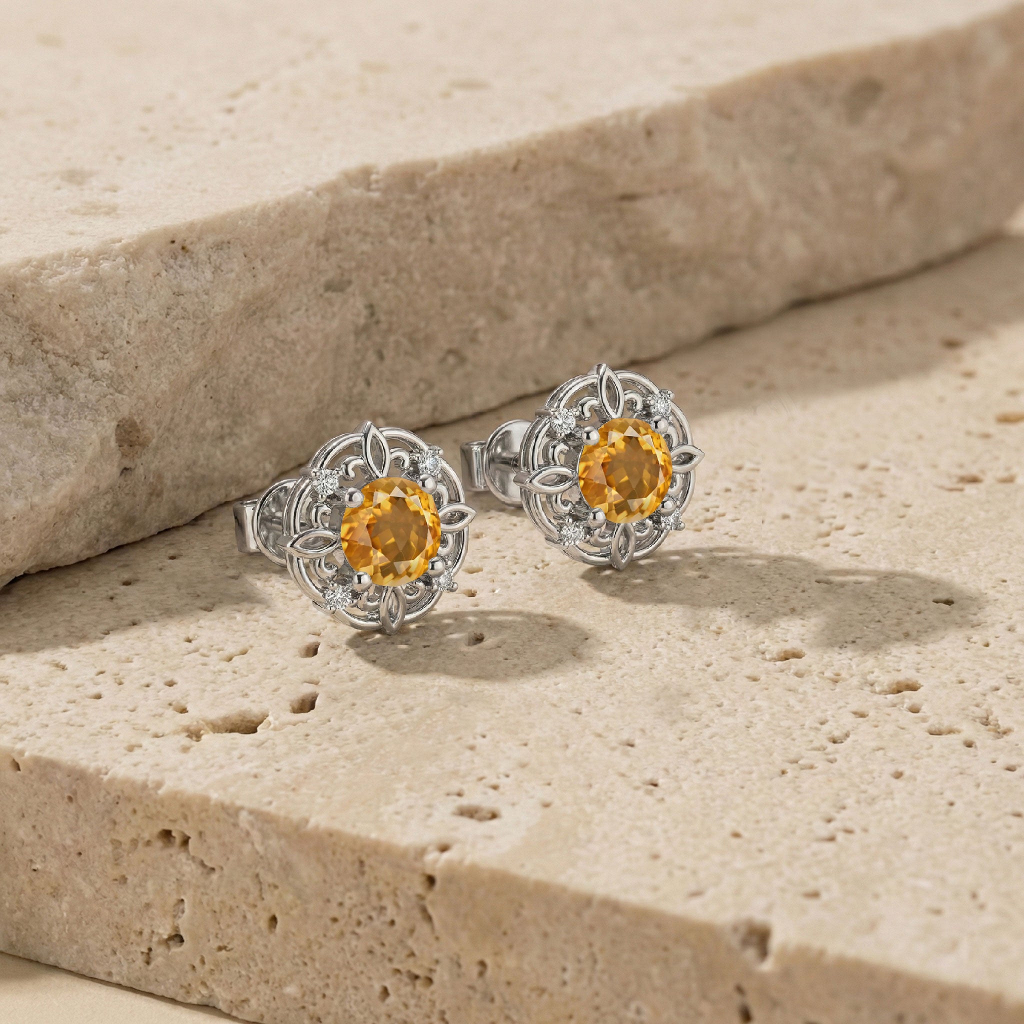 Citrine Round Halo Stud Earrings in 925 Sterling Silver 5MM 1.30ct