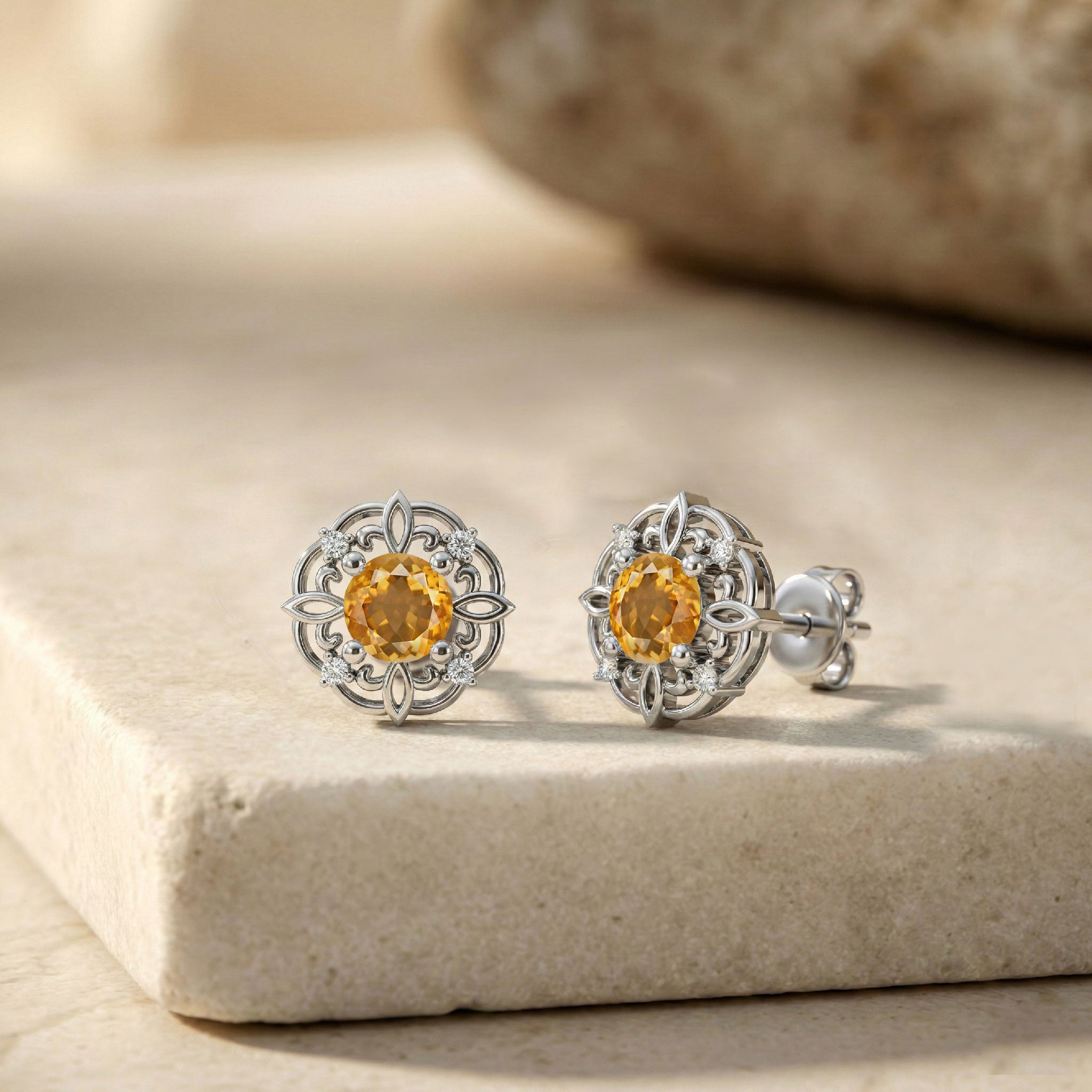 Citrine Round Halo Stud Earrings in 925 Sterling Silver 5MM 1.30ct