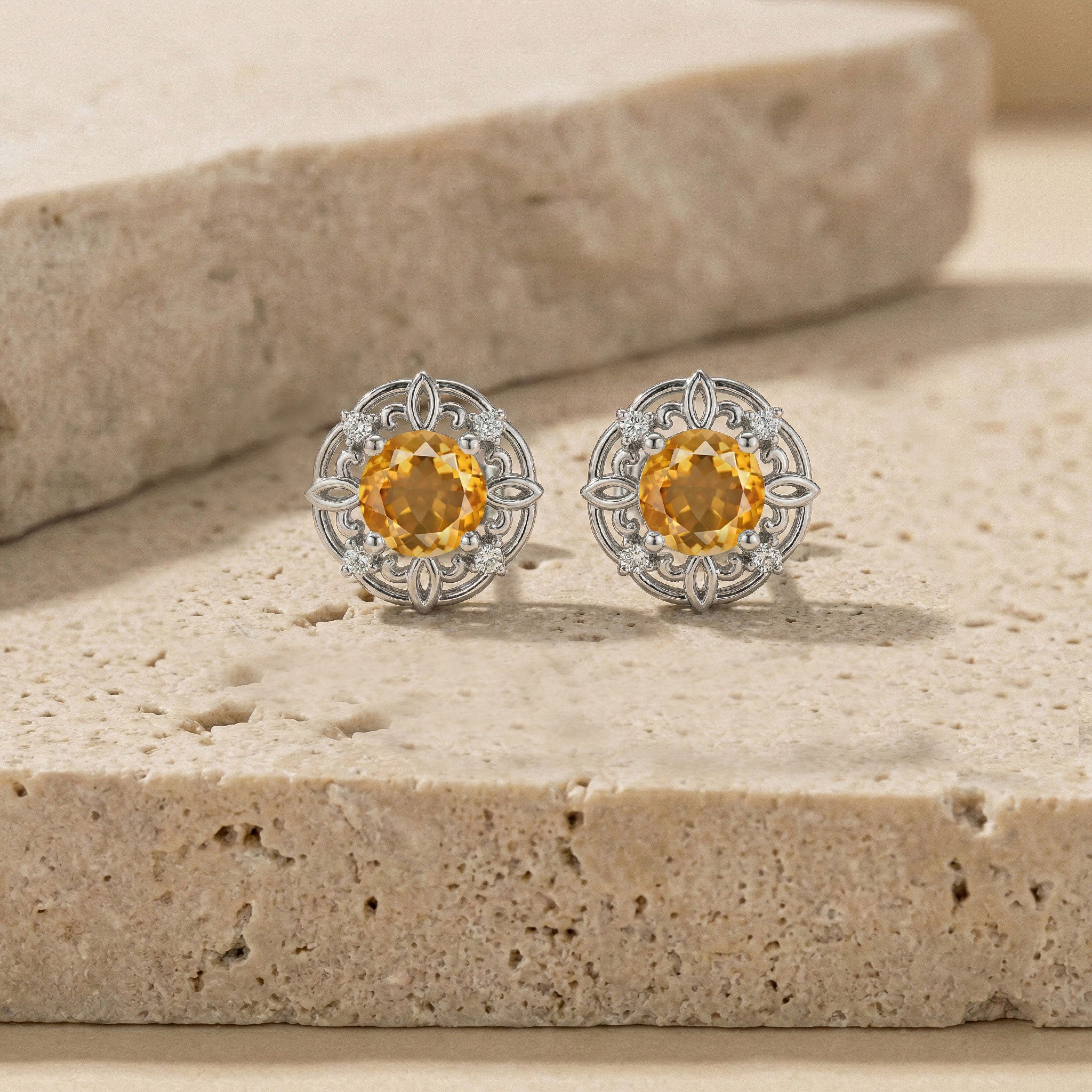 Citrine Round Halo Stud Earrings in 925 Sterling Silver 5MM 1.30ct