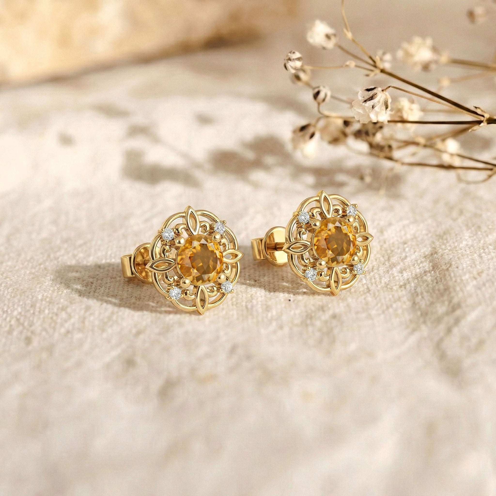 Citrine Round Halo Stud Earrings in 925 Sterling Silver 5MM 1.30ct