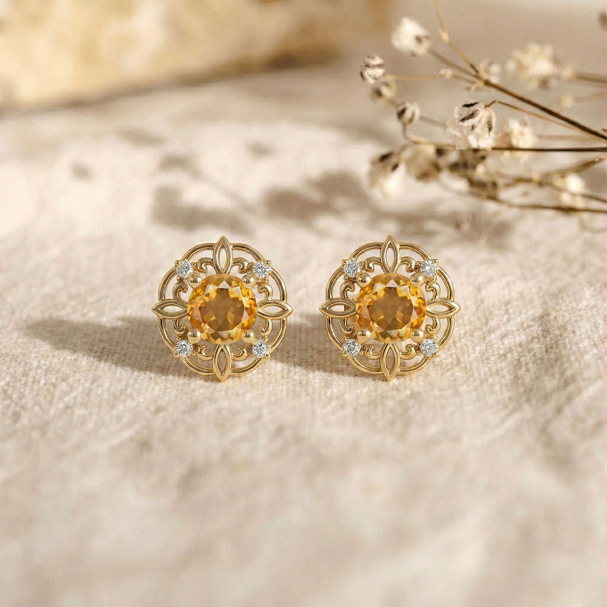 Citrine Round Halo Stud Earrings in 925 Sterling Silver 5MM 1.30ct