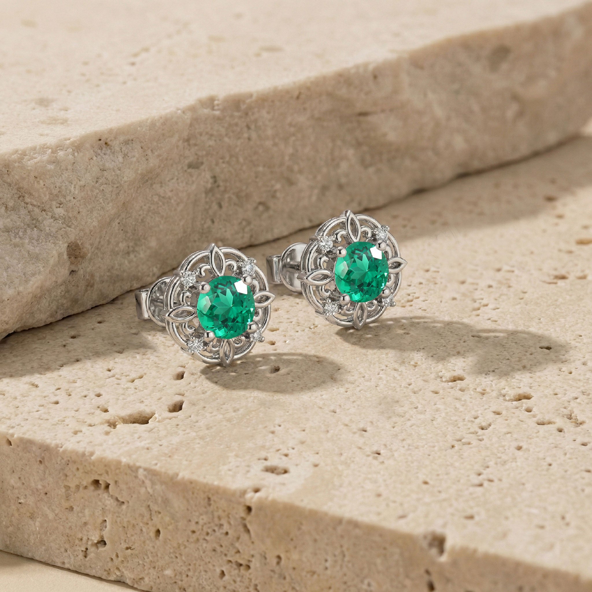 Emerald Round Halo Stud Earrings in 925 Sterling Silver 5MM 1.30ct