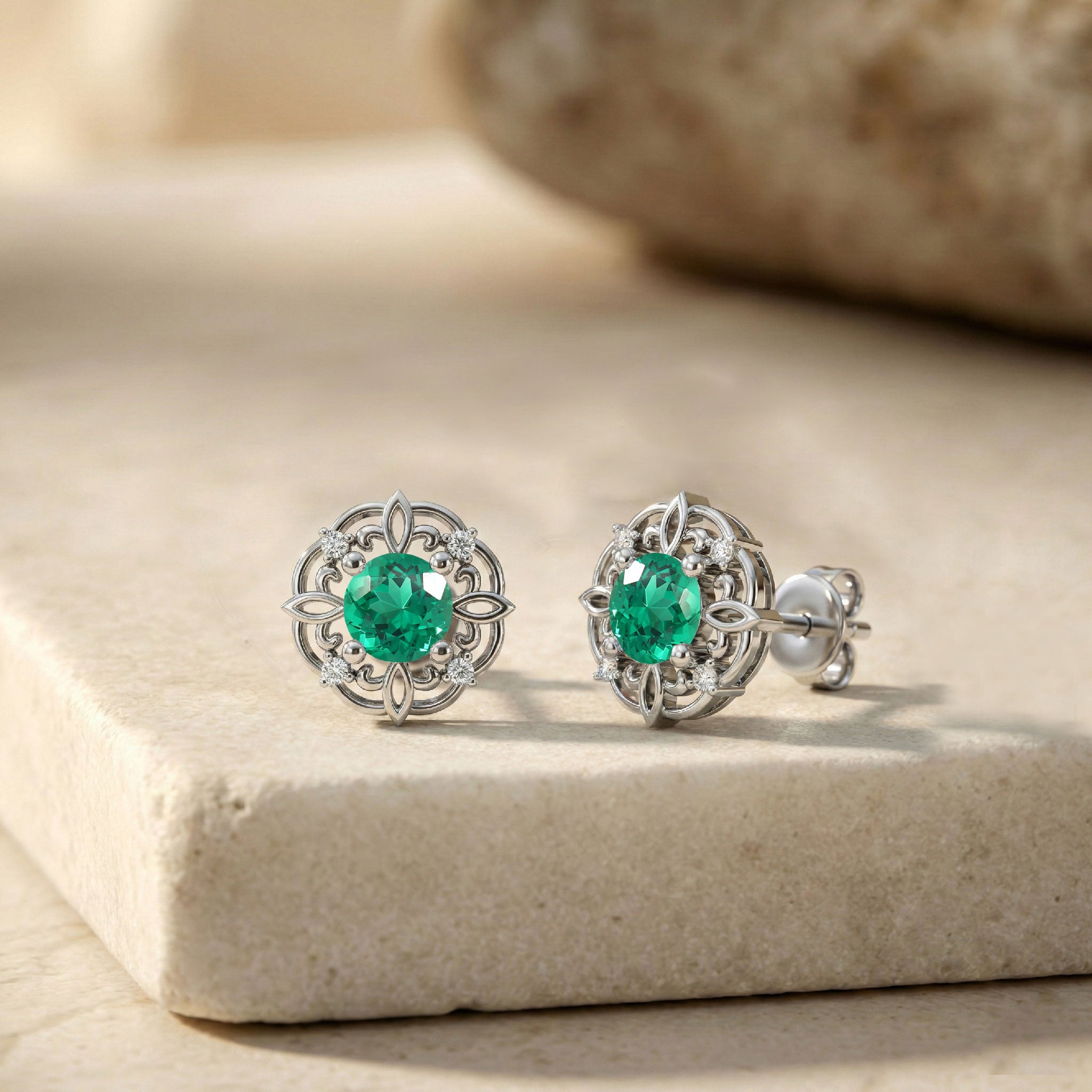 Emerald Round Halo Stud Earrings in 925 Sterling Silver 5MM 1.30ct