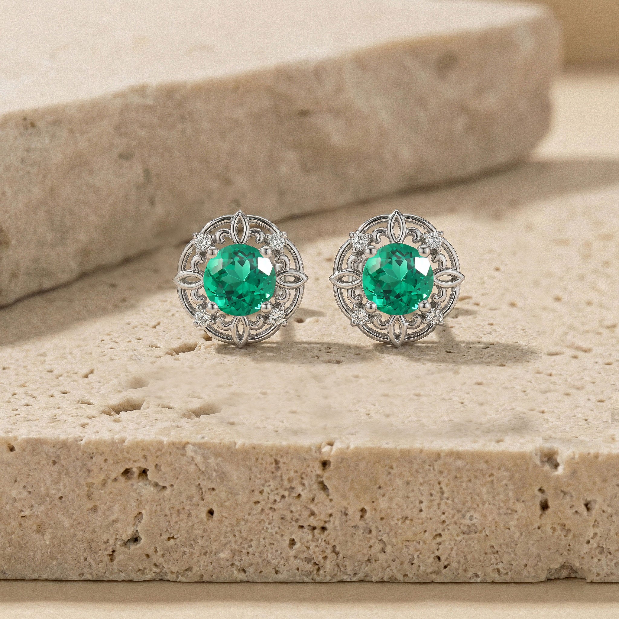 Emerald Round Halo Stud Earrings in 925 Sterling Silver 5MM 1.30ct