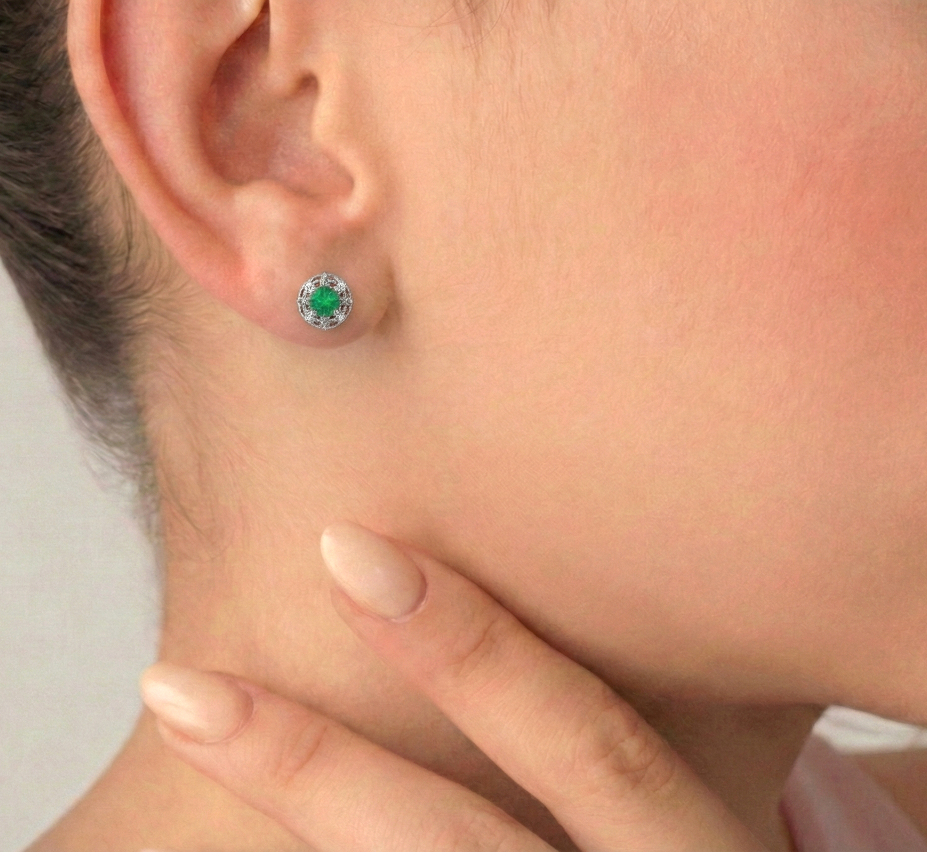 Emerald Round Halo Stud Earrings in 925 Sterling Silver 5MM 1.30ct