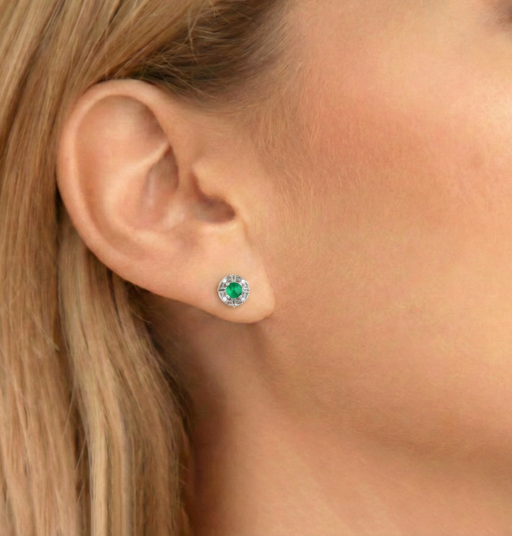 Emerald Round Halo Stud Earrings in 925 Sterling Silver 5MM 1.30ct