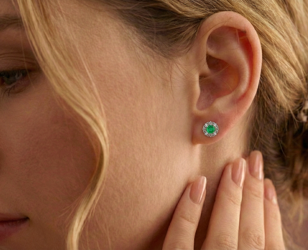 Emerald Round Halo Stud Earrings in 925 Sterling Silver 5MM 1.30ct