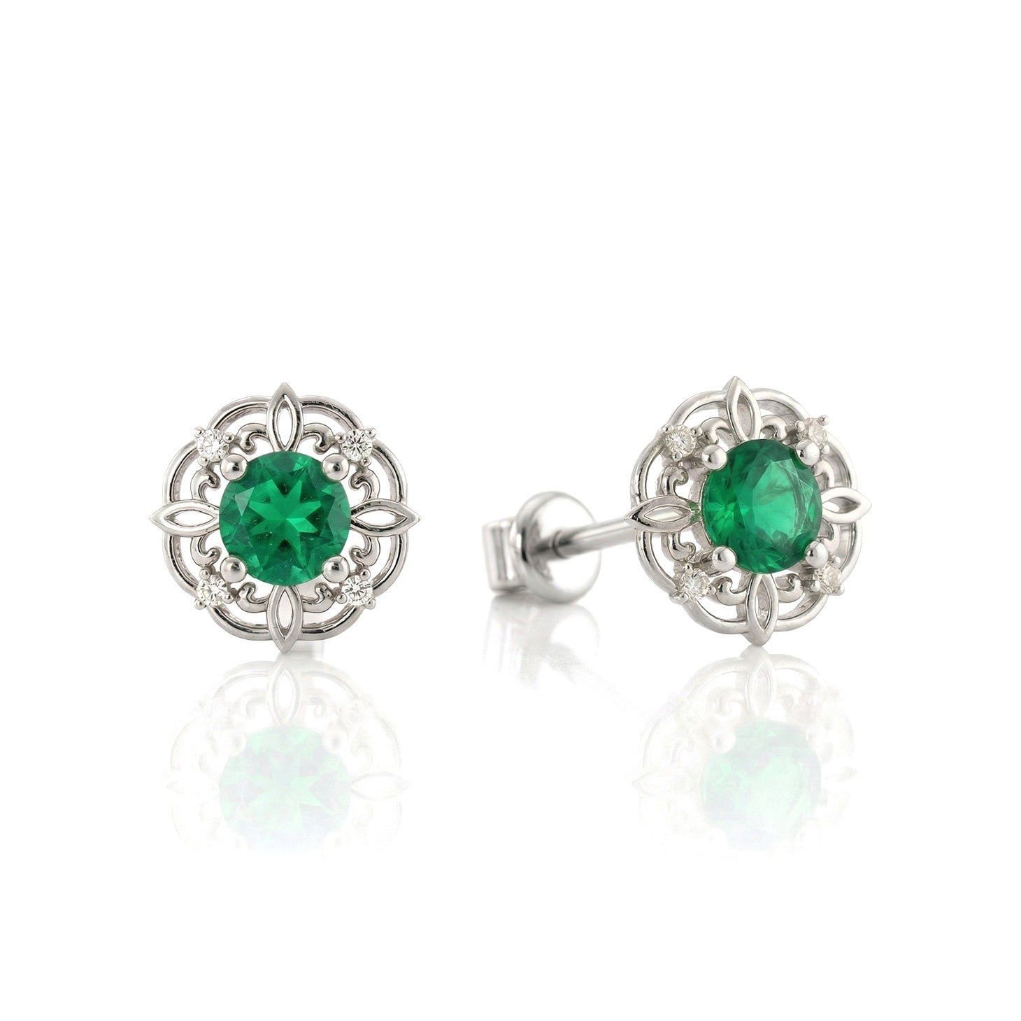 Emerald Round Halo Stud Earrings in 925 Sterling Silver 5MM 1.30ct