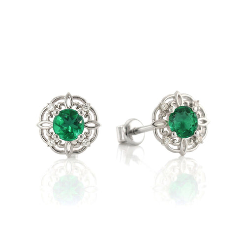 Emerald Round Halo Stud Earrings in 925 Sterling Silver 5MM 1.30ct