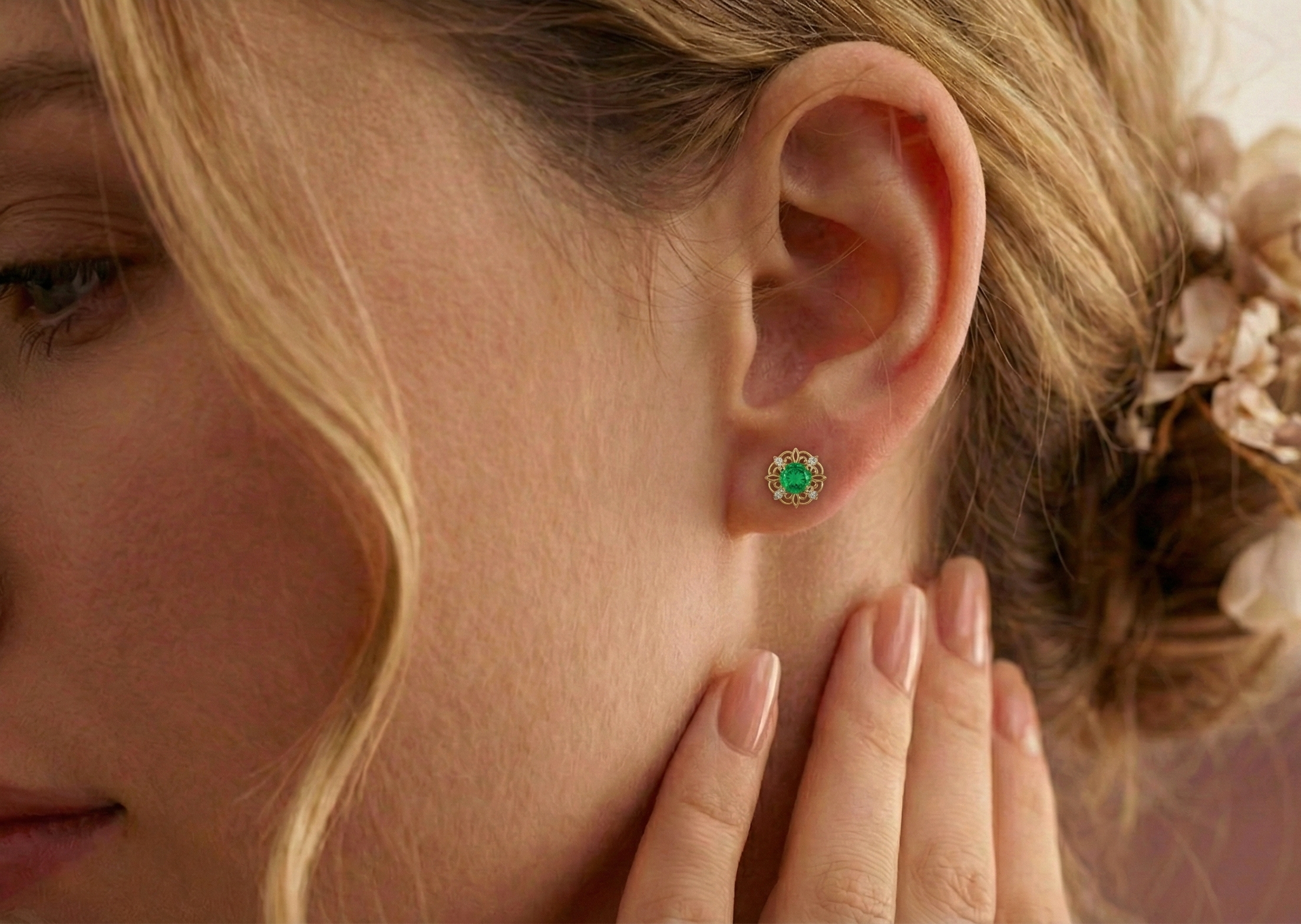 Emerald Round Halo Stud Earrings in 925 Sterling Silver 5MM 1.30ct