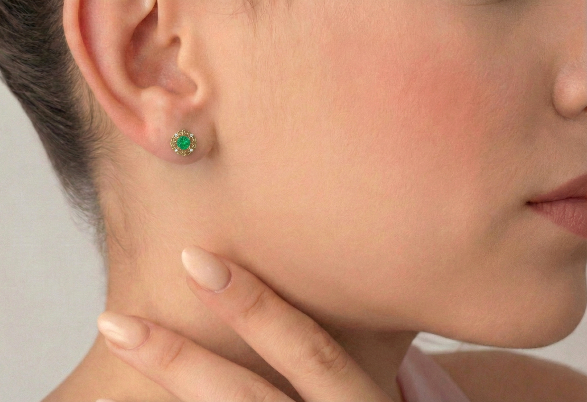 Emerald Round Halo Stud Earrings in 925 Sterling Silver 5MM 1.30ct