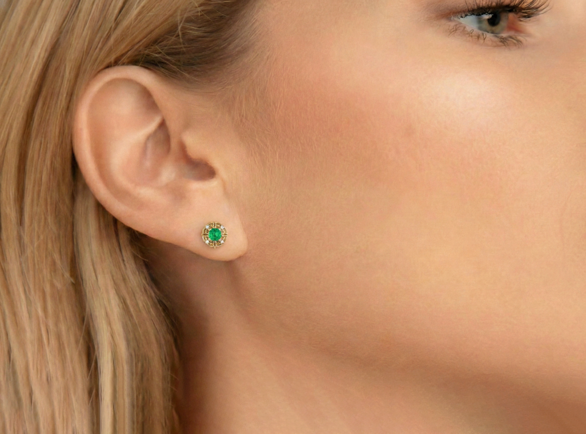 Emerald Round Halo Stud Earrings in 925 Sterling Silver 5MM 1.30ct