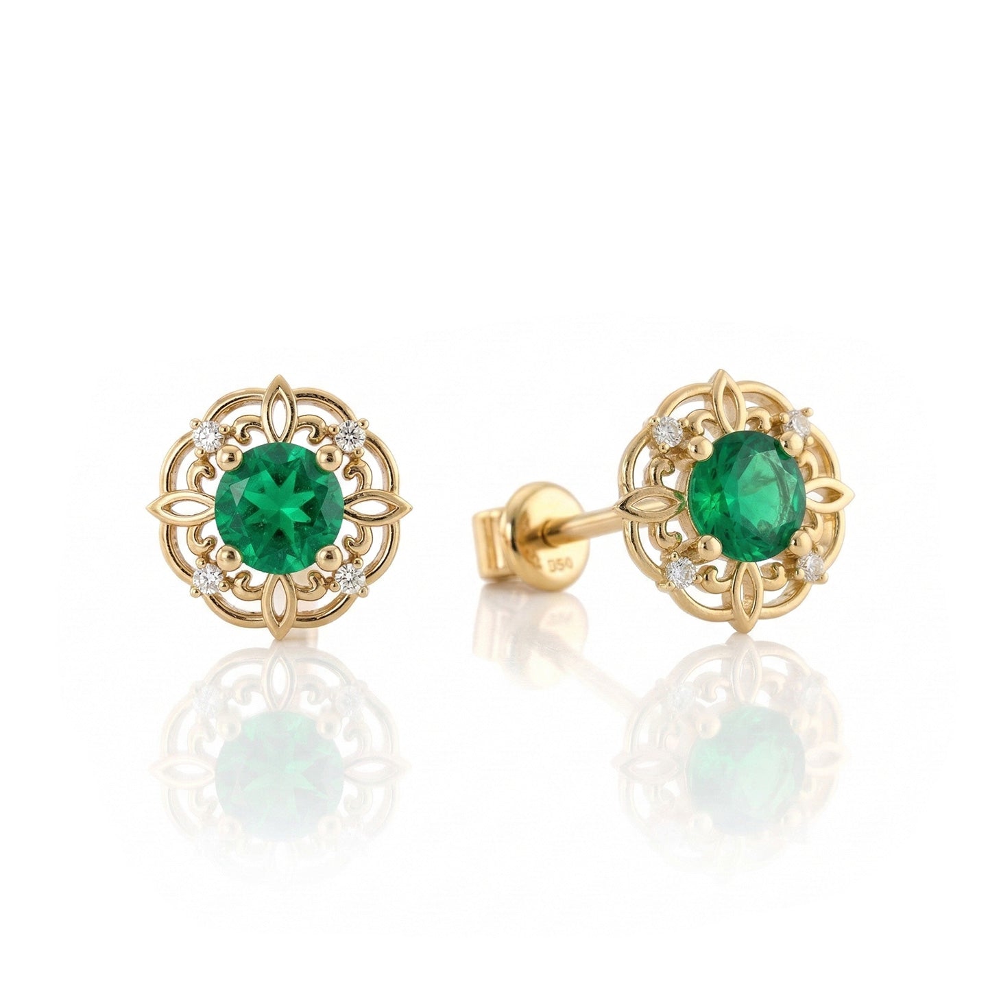 Emerald Round Halo Stud Earrings in 925 Sterling Silver 5MM 1.30ct