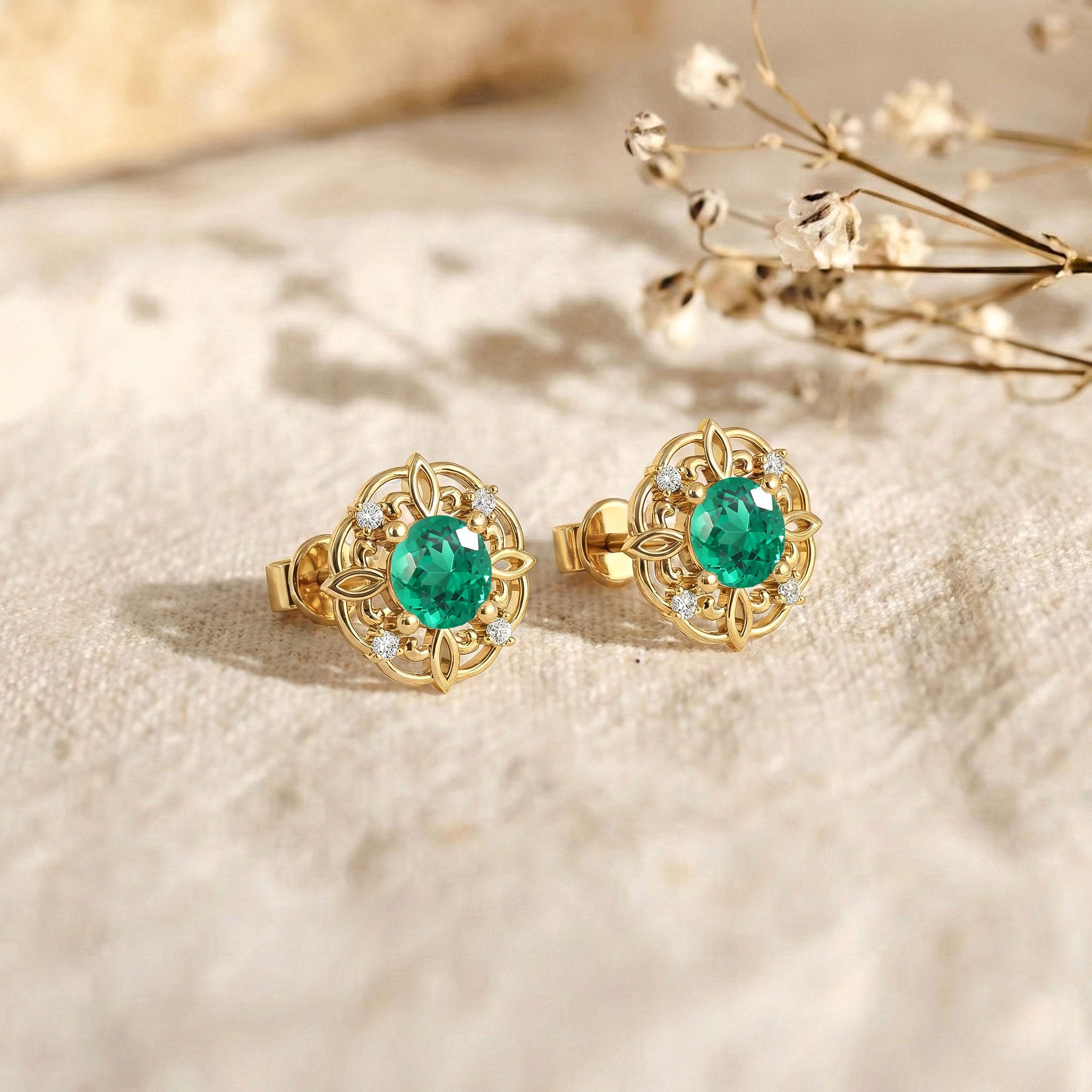 Emerald Round Halo Stud Earrings in 925 Sterling Silver 5MM 1.30ct
