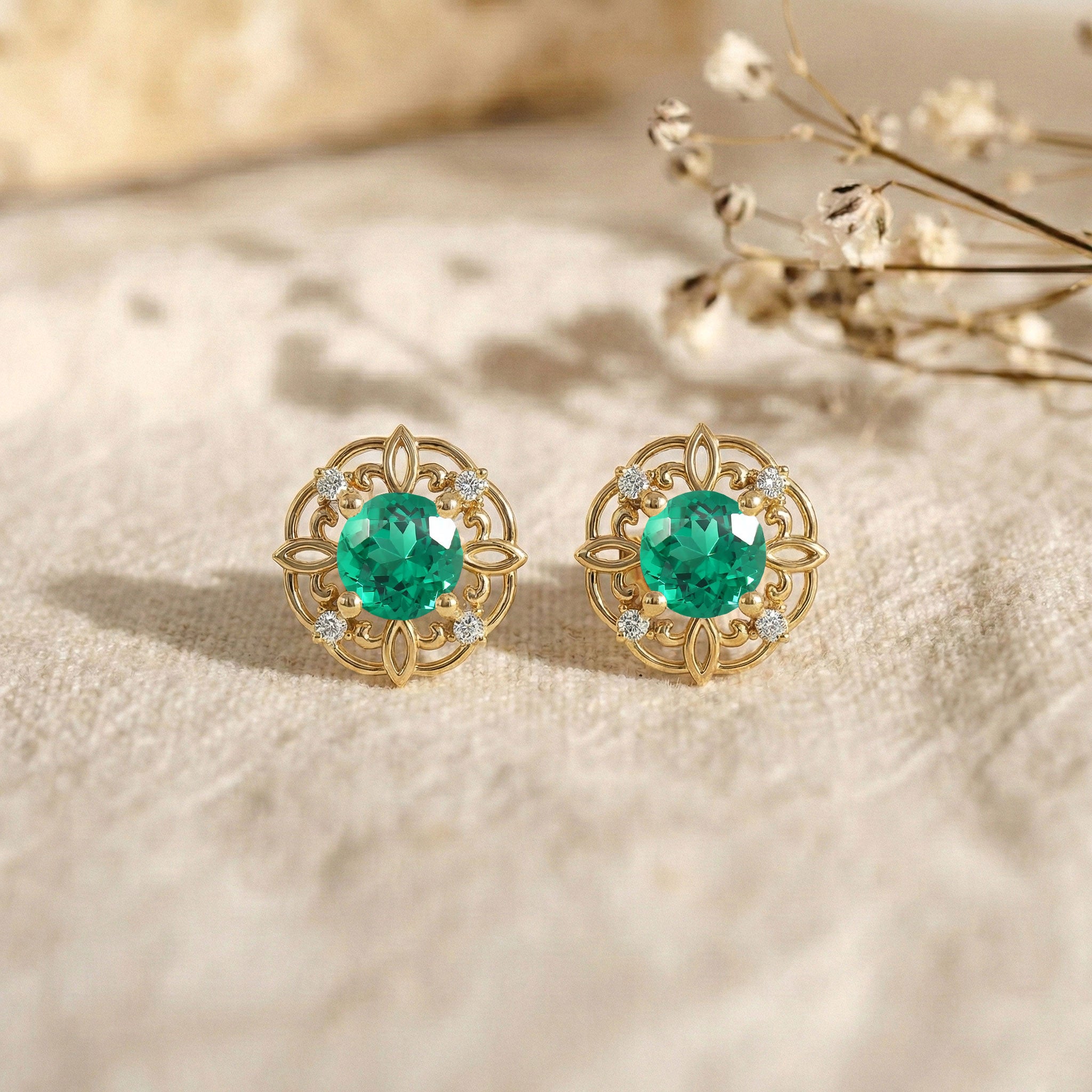 Emerald Round Halo Stud Earrings in 925 Sterling Silver 5MM 1.30ct