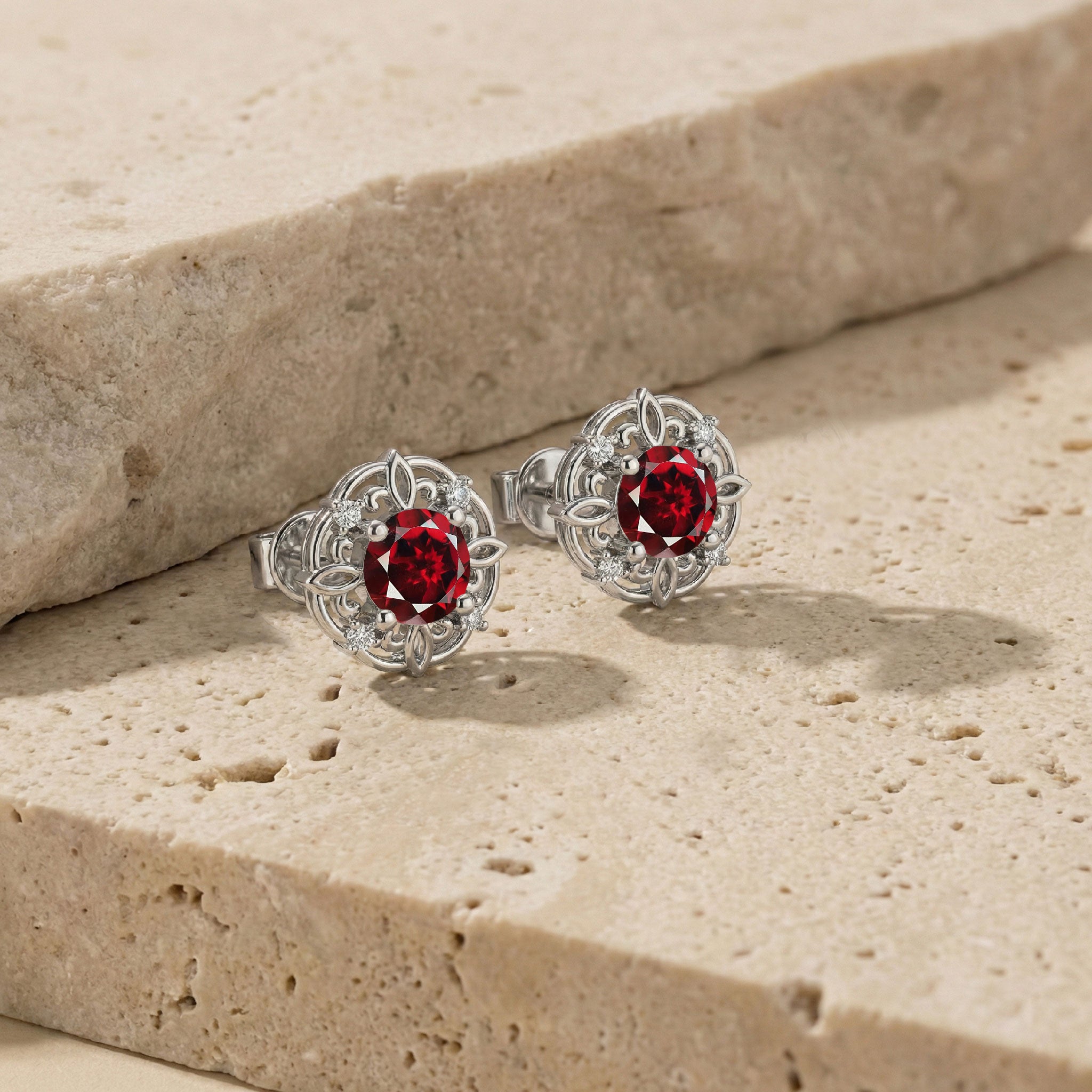 Garnet Round Halo Stud Earrings in 925 Sterling Silver 5MM 1.30ct