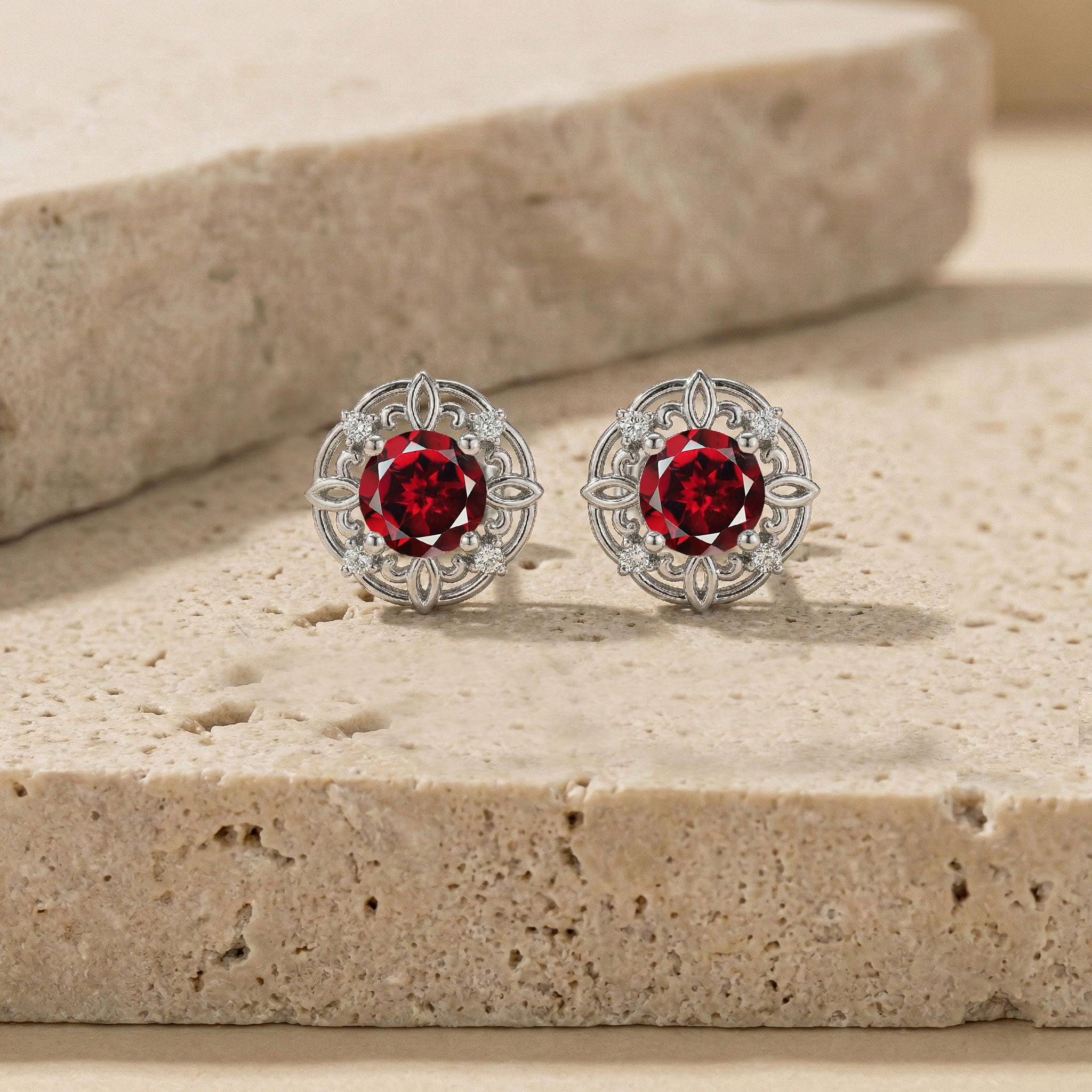 Garnet Round Halo Stud Earrings in 925 Sterling Silver 5MM 1.30ct