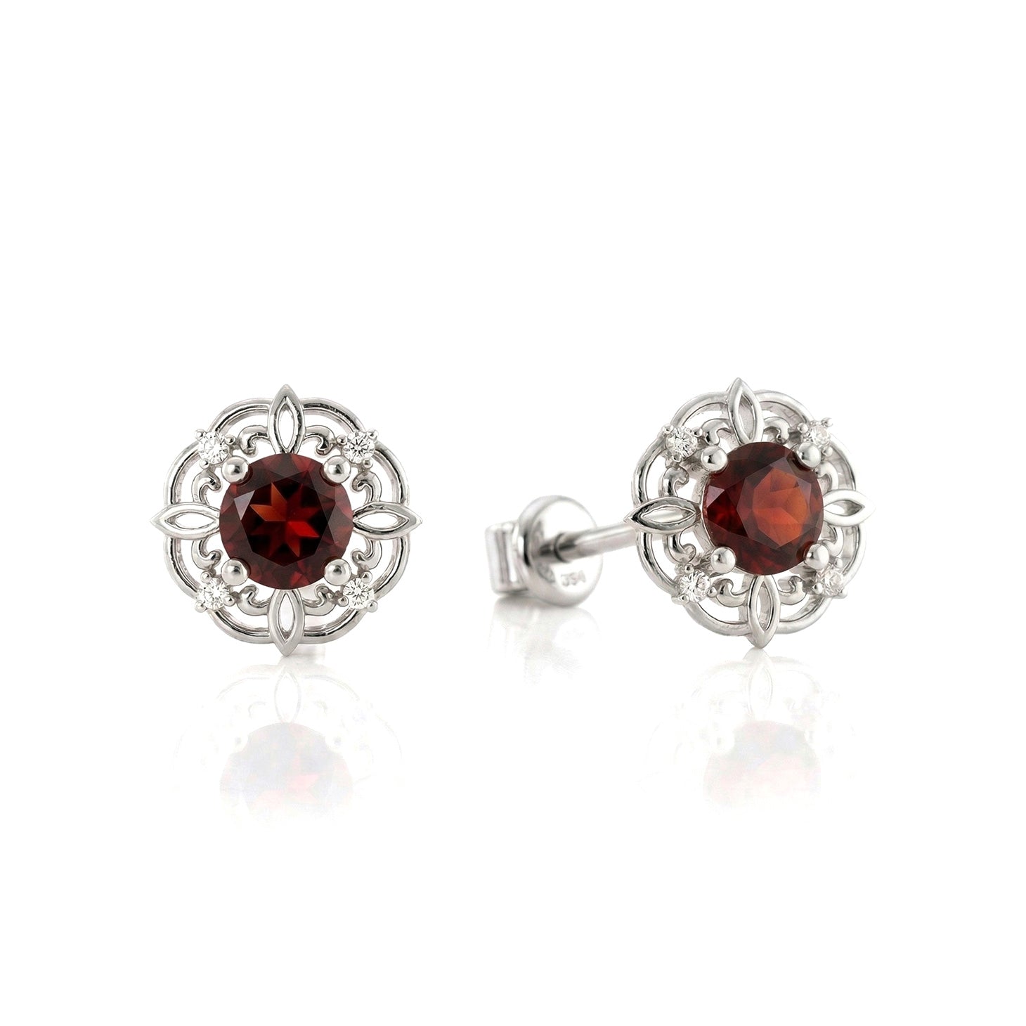 Round garnet stud earrings elegant silver design