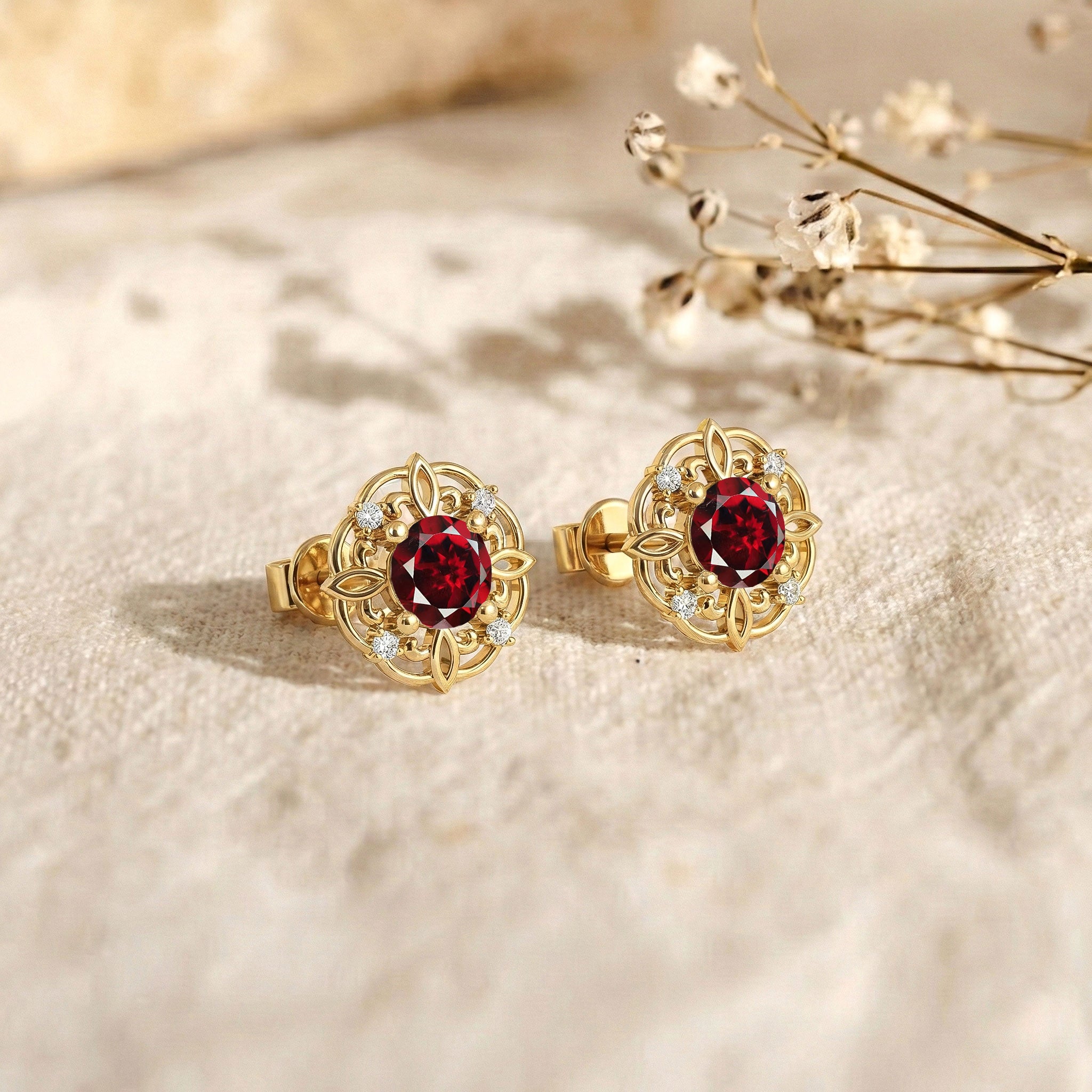 Garnet Round Halo Stud Earrings in 925 Sterling Silver 5MM 1.30ct