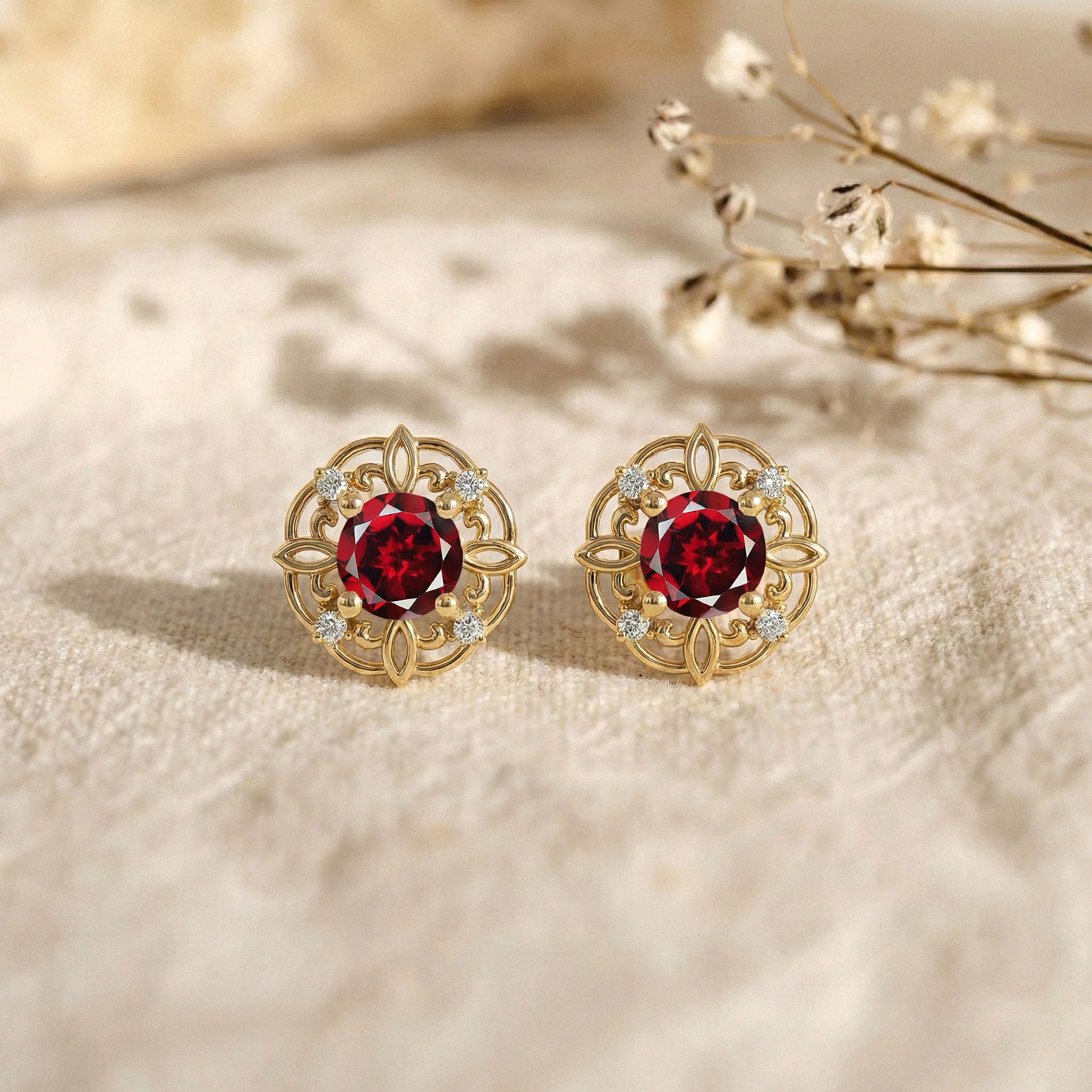 Garnet Round Halo Stud Earrings in 925 Sterling Silver 5MM 1.30ct