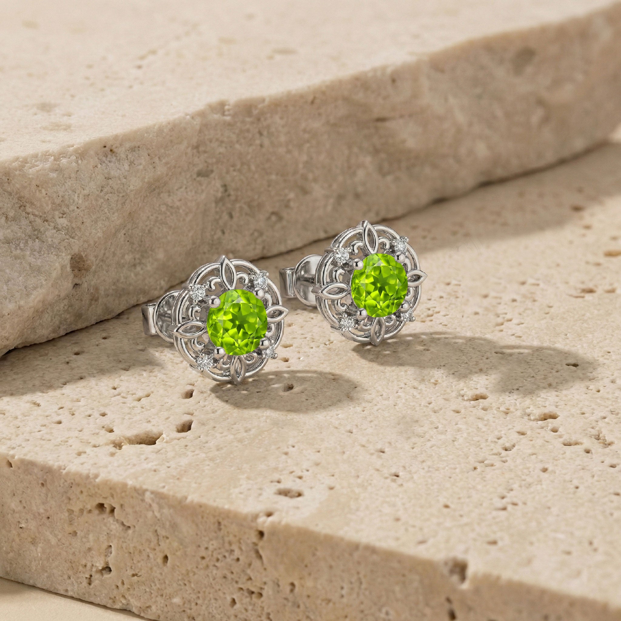Peridot Round Halo Stud Earrings in 925 Sterling Silver 5MM 1.30ct