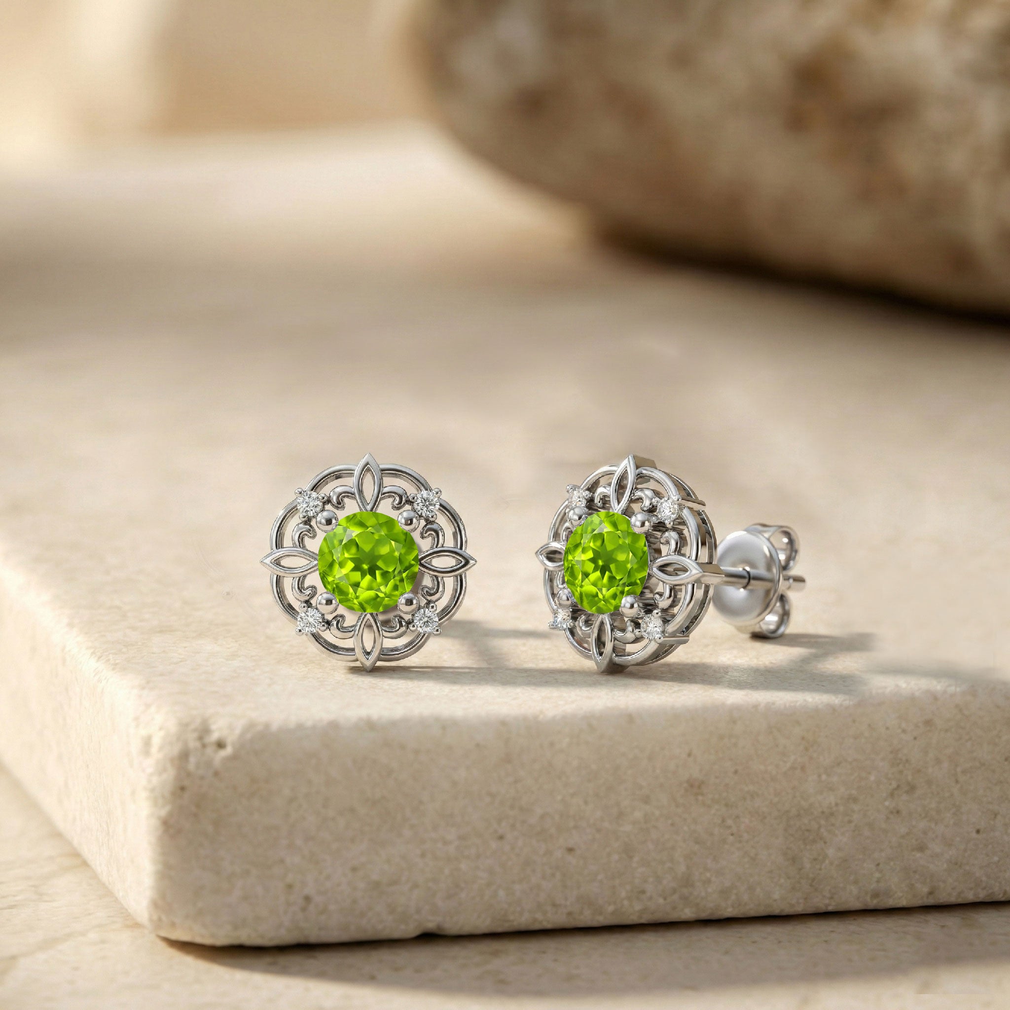 Peridot Round Halo Stud Earrings in 925 Sterling Silver 5MM 1.30ct