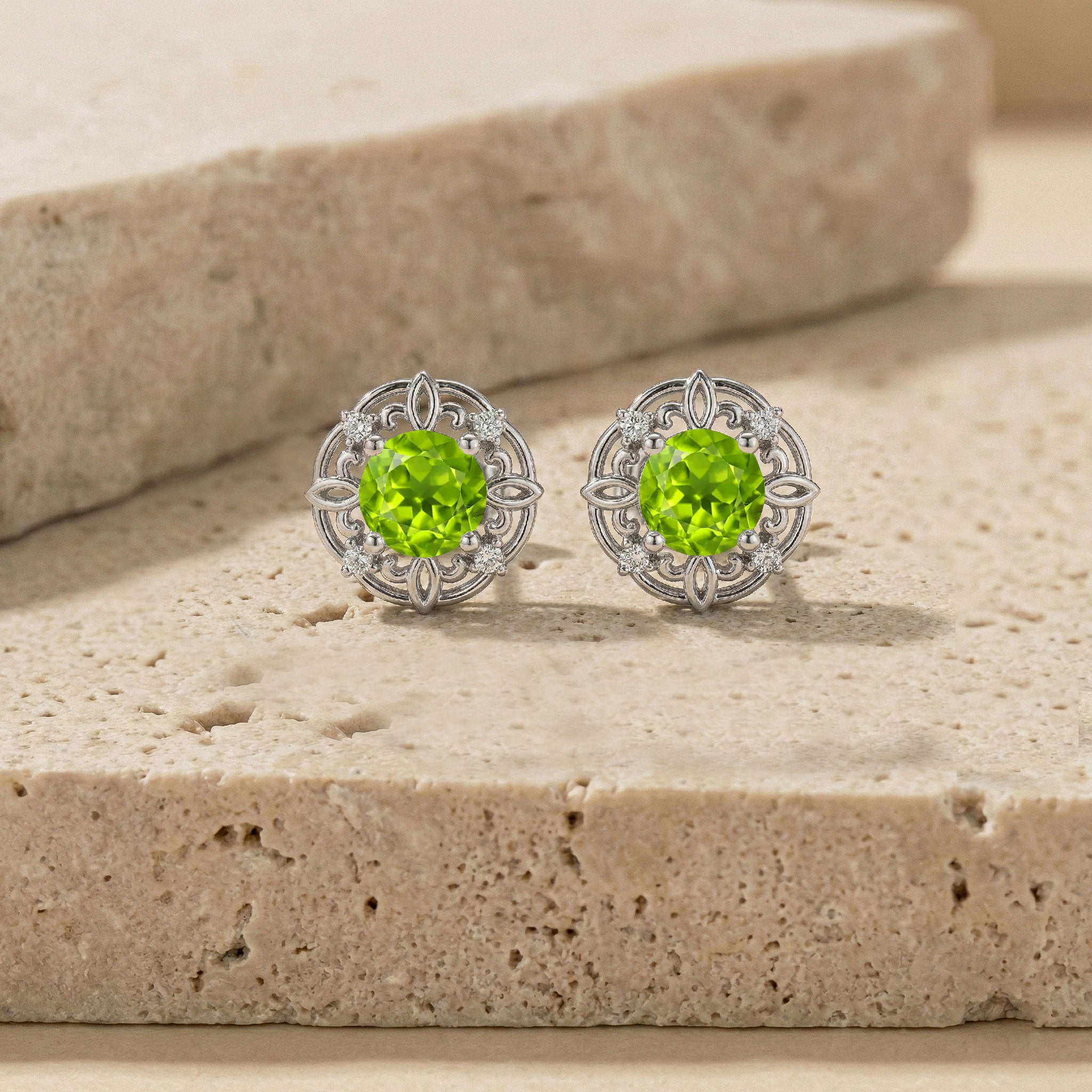 Peridot Round Halo Stud Earrings in 925 Sterling Silver 5MM 1.30ct