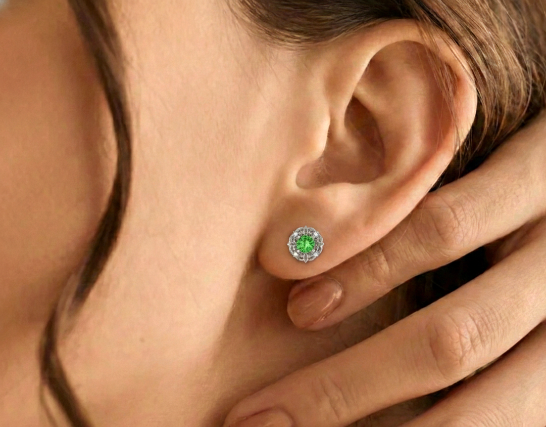 Peridot Round Halo Stud Earrings in 925 Sterling Silver 5MM 1.30ct