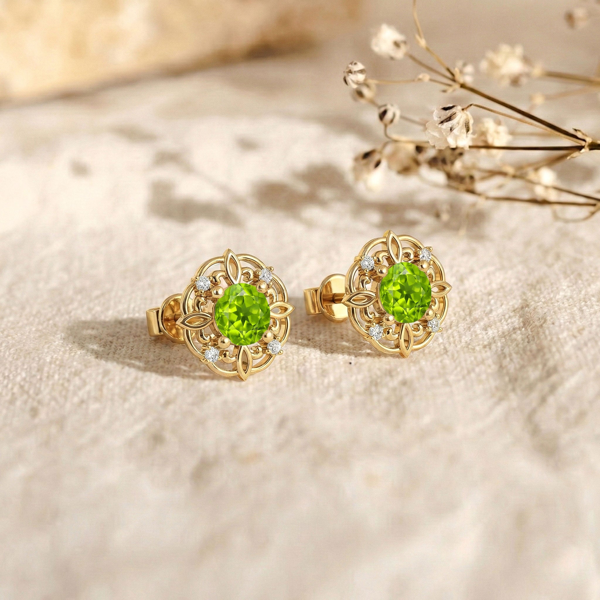 Peridot Round Halo Stud Earrings in 925 Sterling Silver 5MM 1.30ct